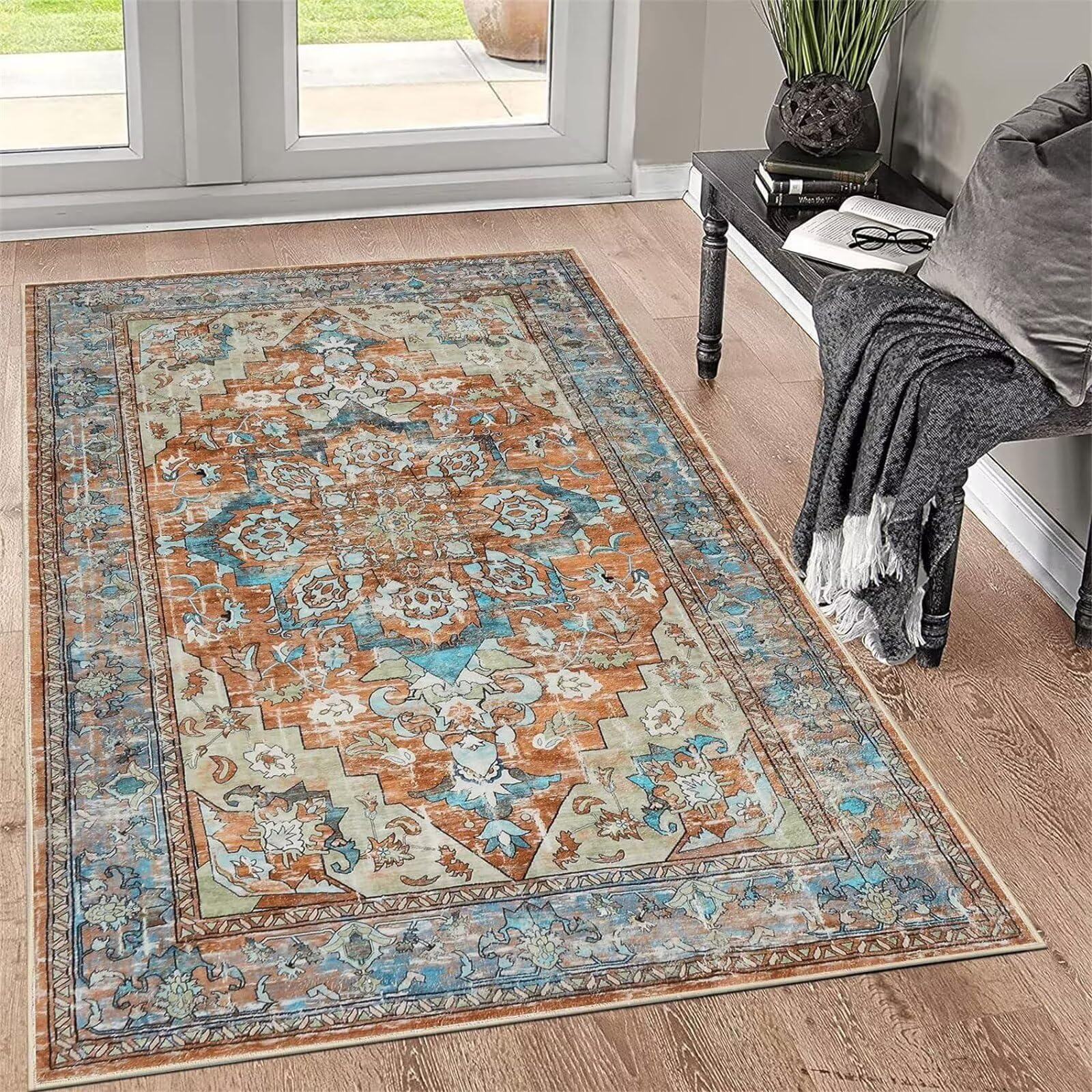 Tapis chambre enfant anti glisse bleu 120x170 cm rétro