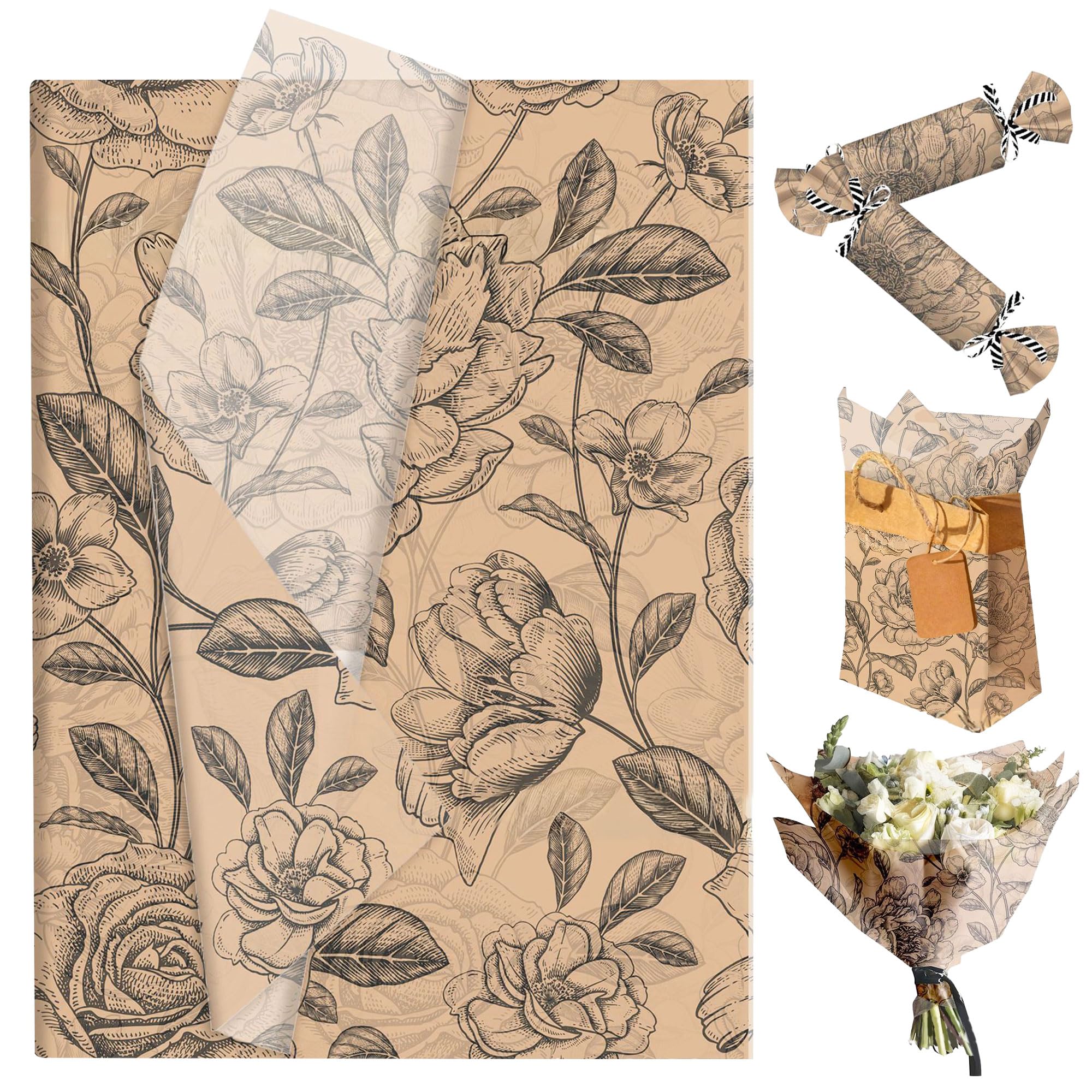 JeVenis Vintage Kraft Tissue Paper for Gift Wrapping Retro Flowers Tissue Paper Gift Bags for Bridal Shower Birthday Party Wedding DIY Craft Supplies 50 Sheet, 20 × 14 Inches