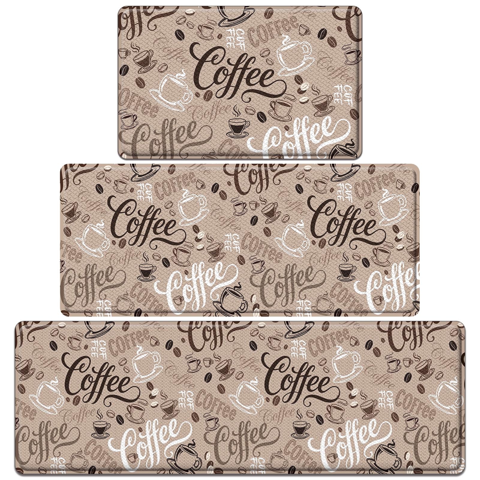 Arttown Anti-Fatigue Kitchen Rug Set of 3, Coffee, Waterproof Non-Slip