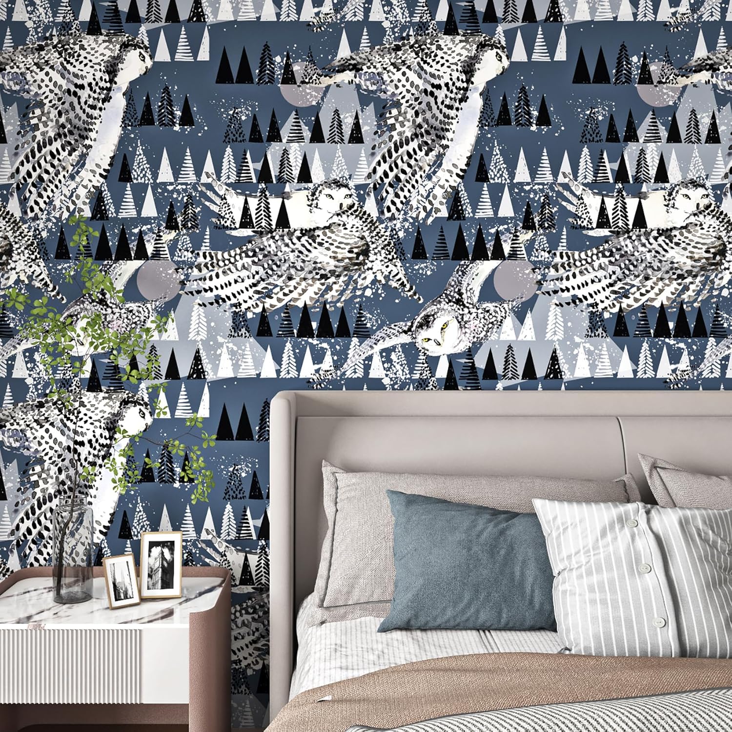 ReWallpaper Dark Blue and White Wallpaper Peel and Stick Abstract Owl Bird Jungle Wall Paper for Bedroom Accent Wall Bathroom Waterproof Removable Self Adhesive Contact Paper for Cabinets 17.5in×10ft