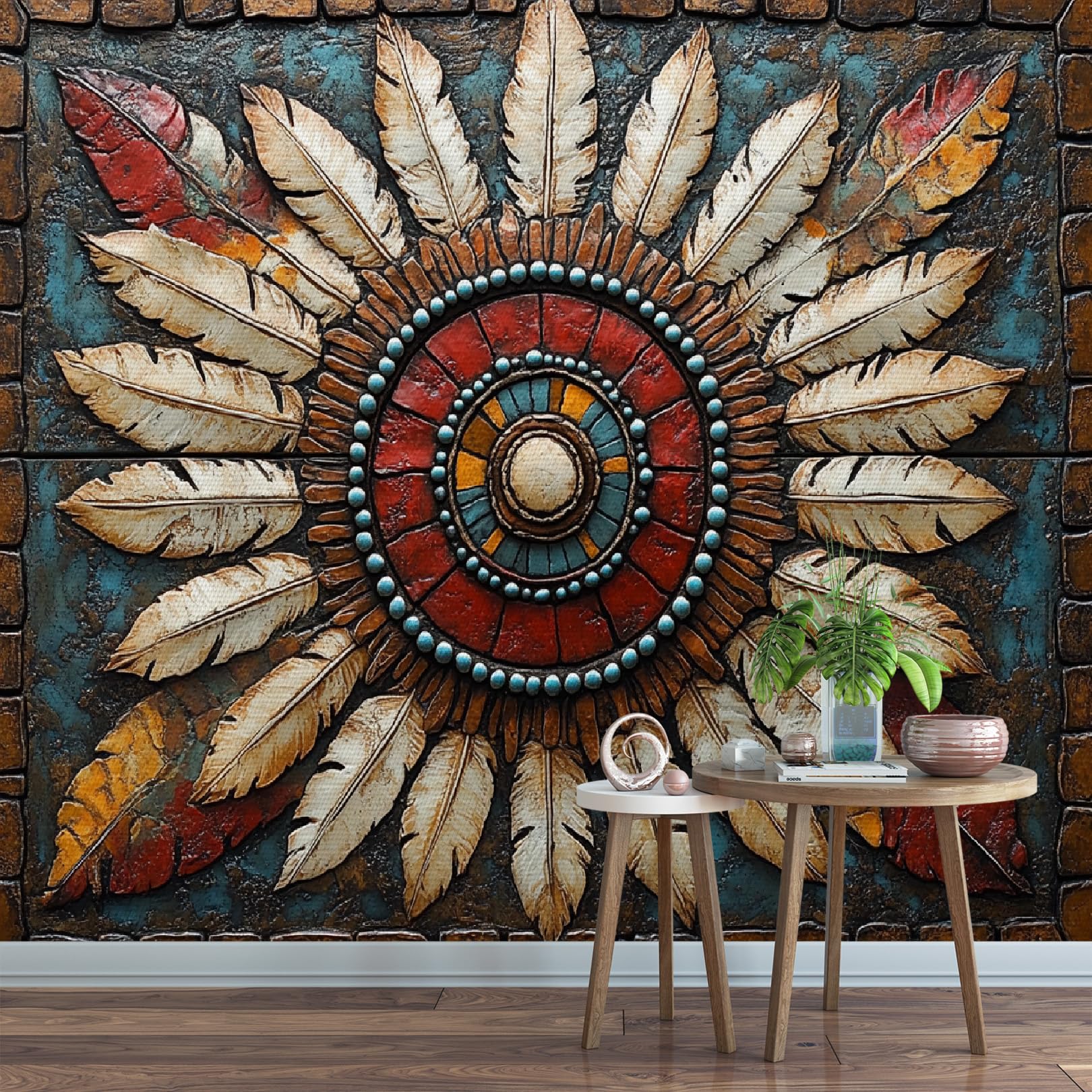 Peinture murale plumes intissée pour masquer un mur abîmé de salon 300x230