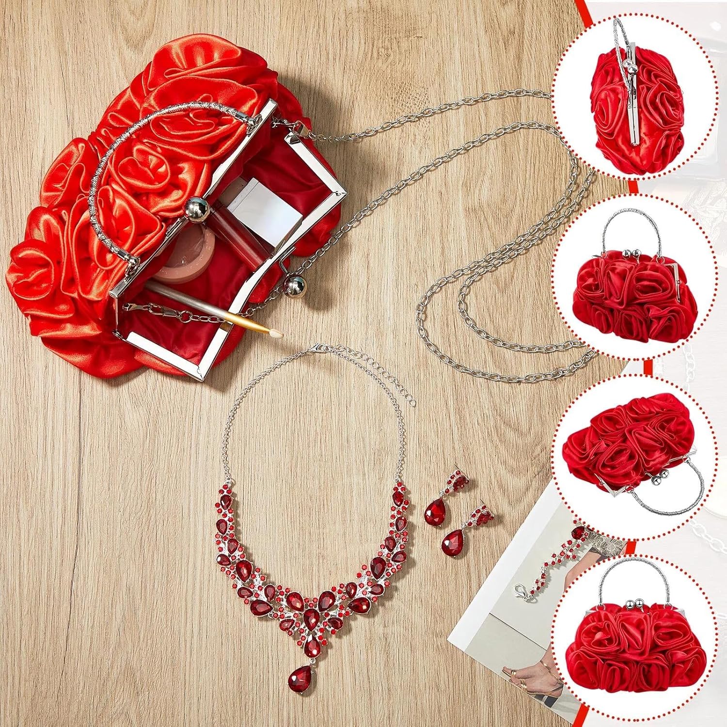 4 Pcs Flower Clutch Rhinestone Jewelry Set Rose Clutch Handbags with Detachable Strap Detachable Necklace Earrings Bracelets for Wedding Party Prom Valentine Gift