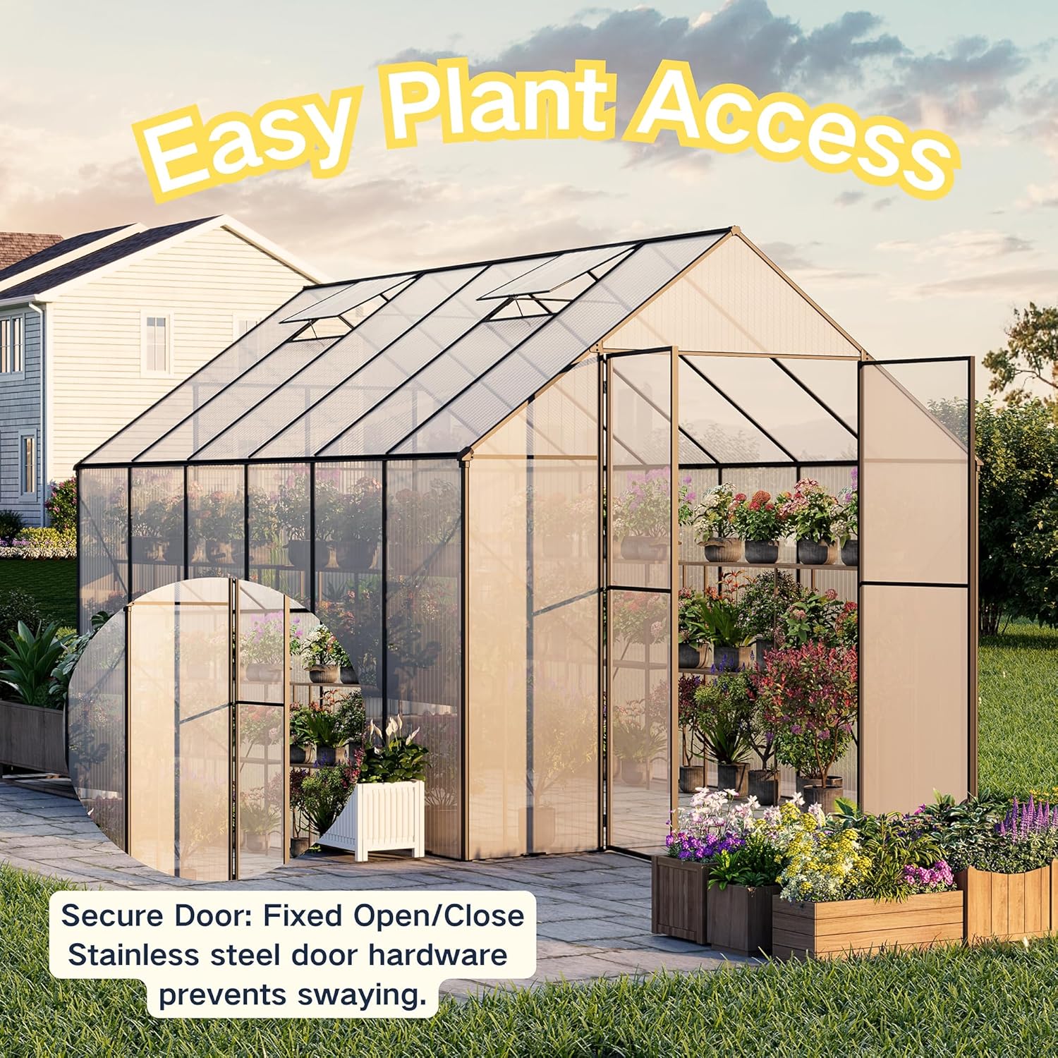 Greenhouse with open sliding doors for easy access