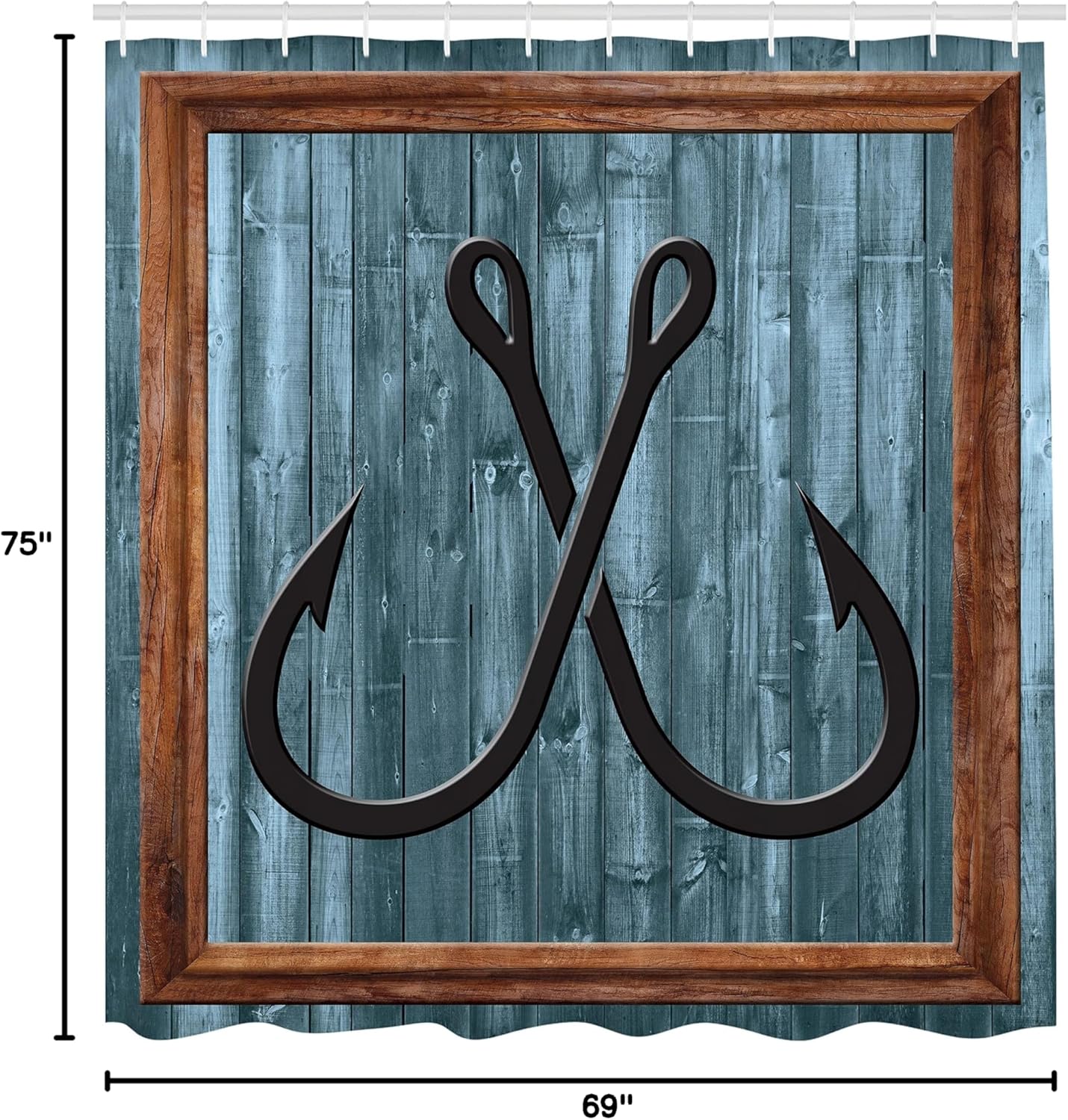 Ambesonne Nautical Shower Curtain, Fishing Lures Anchor Modern Abstract Painting Wooden Frame Rustic, Cloth Fabric Bathroom Decor Set with Hooks, 69" W x 75" L, Azure Blue