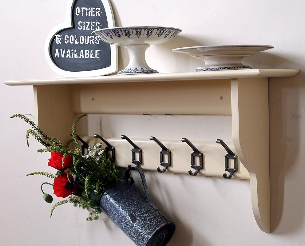 Industrial shelf with retro school cast iron hooks, cream, 2 to 10