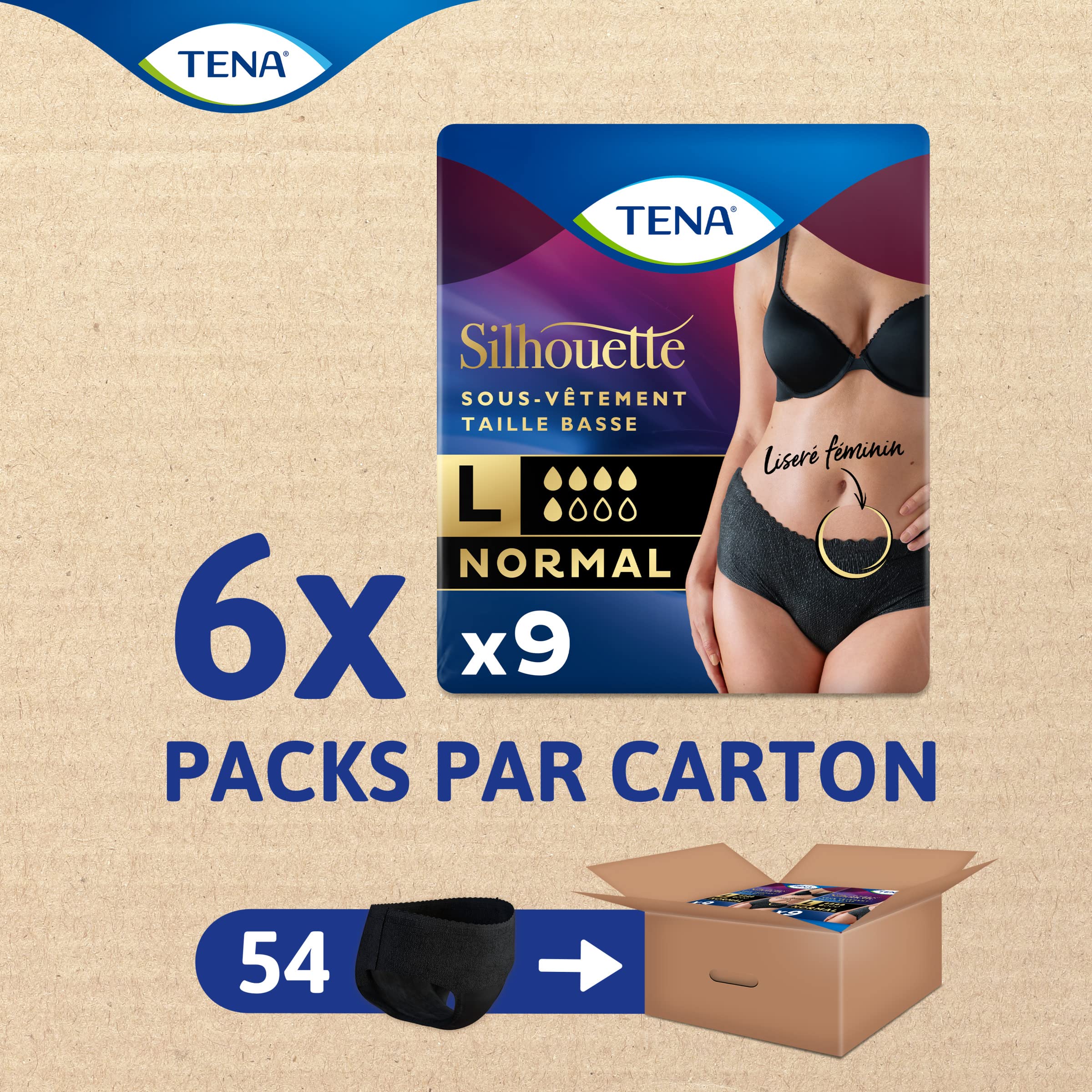 TENA Silhouette Normal niedrige Taille – saugfähige Einweg-Unterwäsche Inkontinenz Damen – nach der Geburt – für mittlere Blasenschwäche – Schwarz – Größe L – 54 Höschen (Packung 1 Monat)