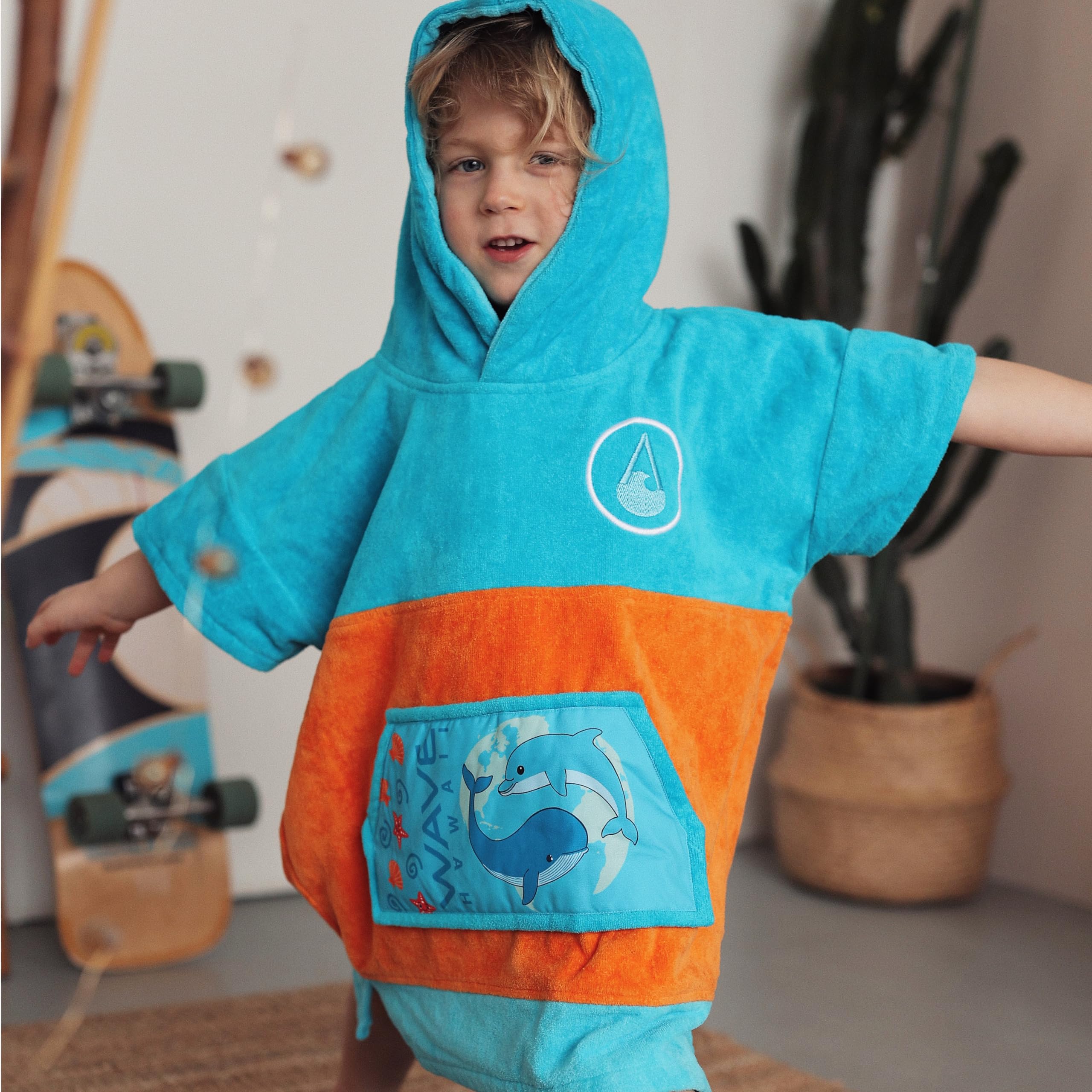 WAVE HAWAII Poncho surfingowy i plażowy dla dzieci, rozmiar XS, 121-150 cm | Poncho surfingowe dla dorosłych z bawełny 95–100%, chłonny ręcznik frotte, poncho do przebierania, na plażę