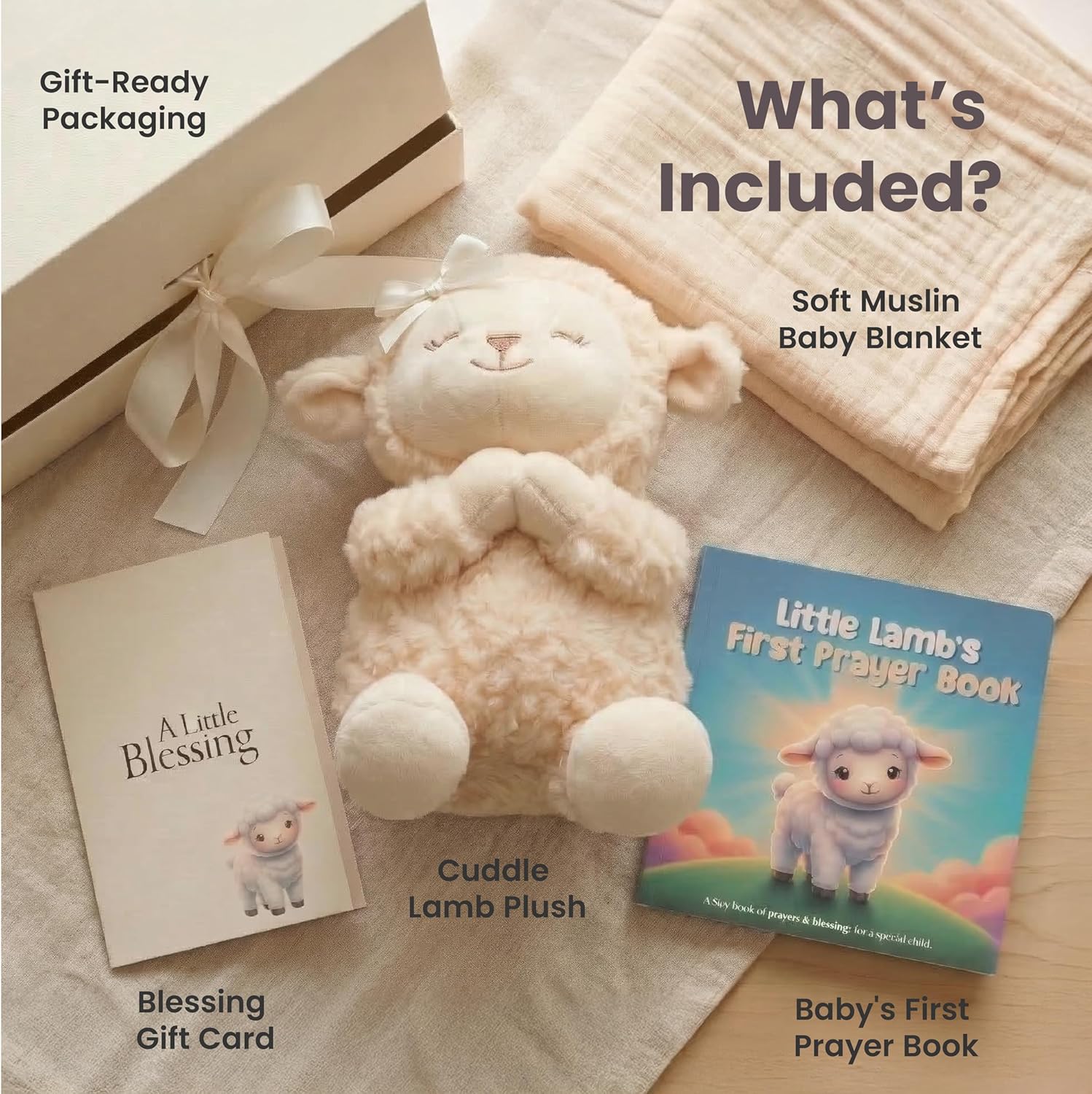 Baptism Gift for Boy or Girl Baptism Set with 10" Praying Lamb Plush Toy, Bamboo Muslin Blanket & First Prayer Book, Ready to Gift Keepsake Box