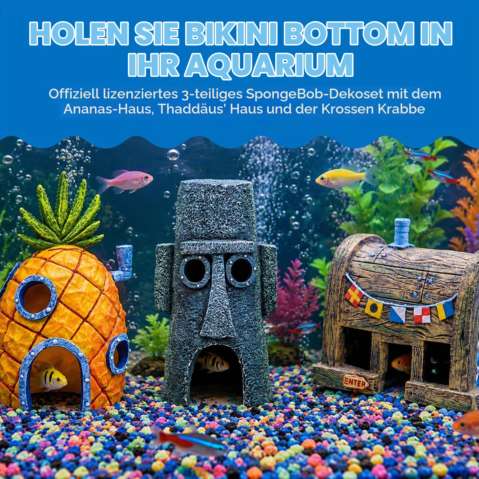 Penn-Plax Spongebob Squarepants® Aquarium-Dekoration, Spongebob's Ananas, Squidward Home und The Crusty Crab, Kunstharz-Figuren, Aquarium- und Terrariendekoration