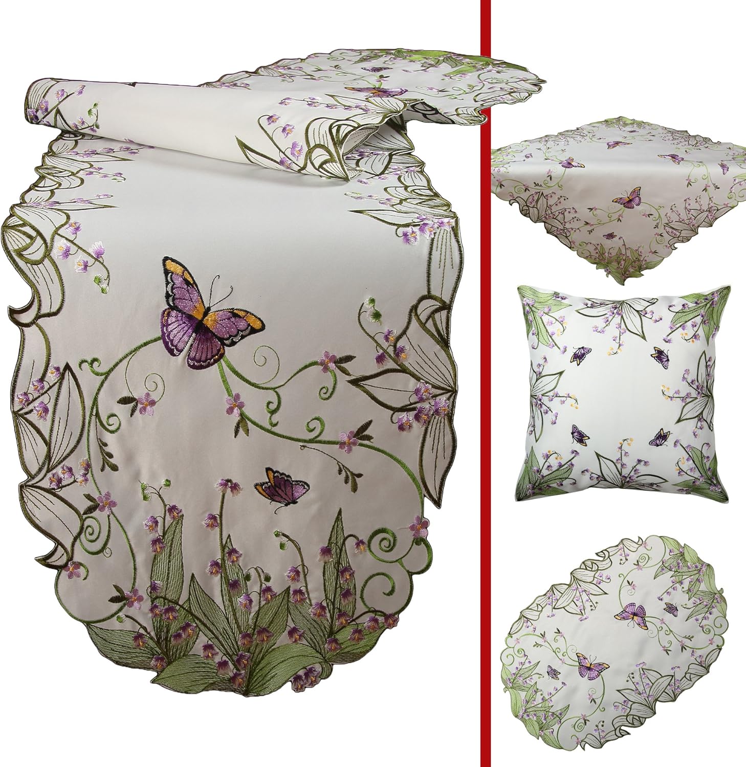 Magnificent Butterflies and Purple Flowers Embroidery Cushion Cover 16-inch-by-16-inch/ 40 x 40 cm Satin-Look, White