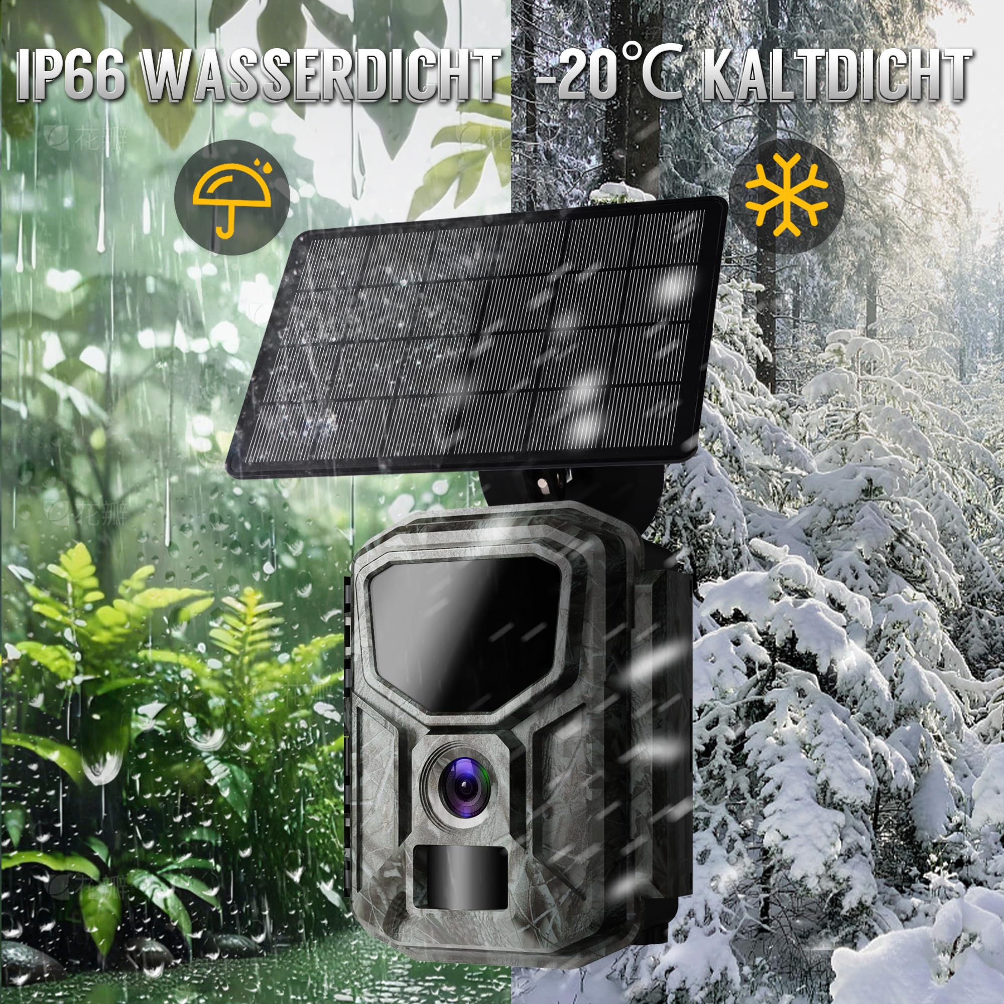 8K Solar Wildkamera mit unbegrenzter kostenloser App, 7800mAh Akku, 850nm Nachtsicht, 0,1S Bewegungserkennung, IP66 wasserdicht, Wildkamera mit 32GB Speicherkarte, Tierkamera | 0,1S Bewegungserkennung, IP66 wasserdicht, Unbegrenzte kostenlose App, Tierkam