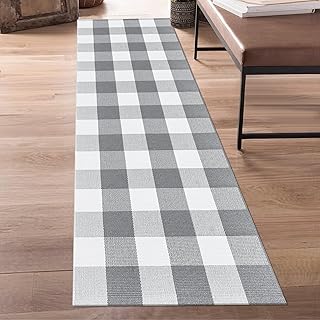 Buffalo Plaid Runner Rug 2x6 Feet Grey and White Checkered Runner Rug Co...