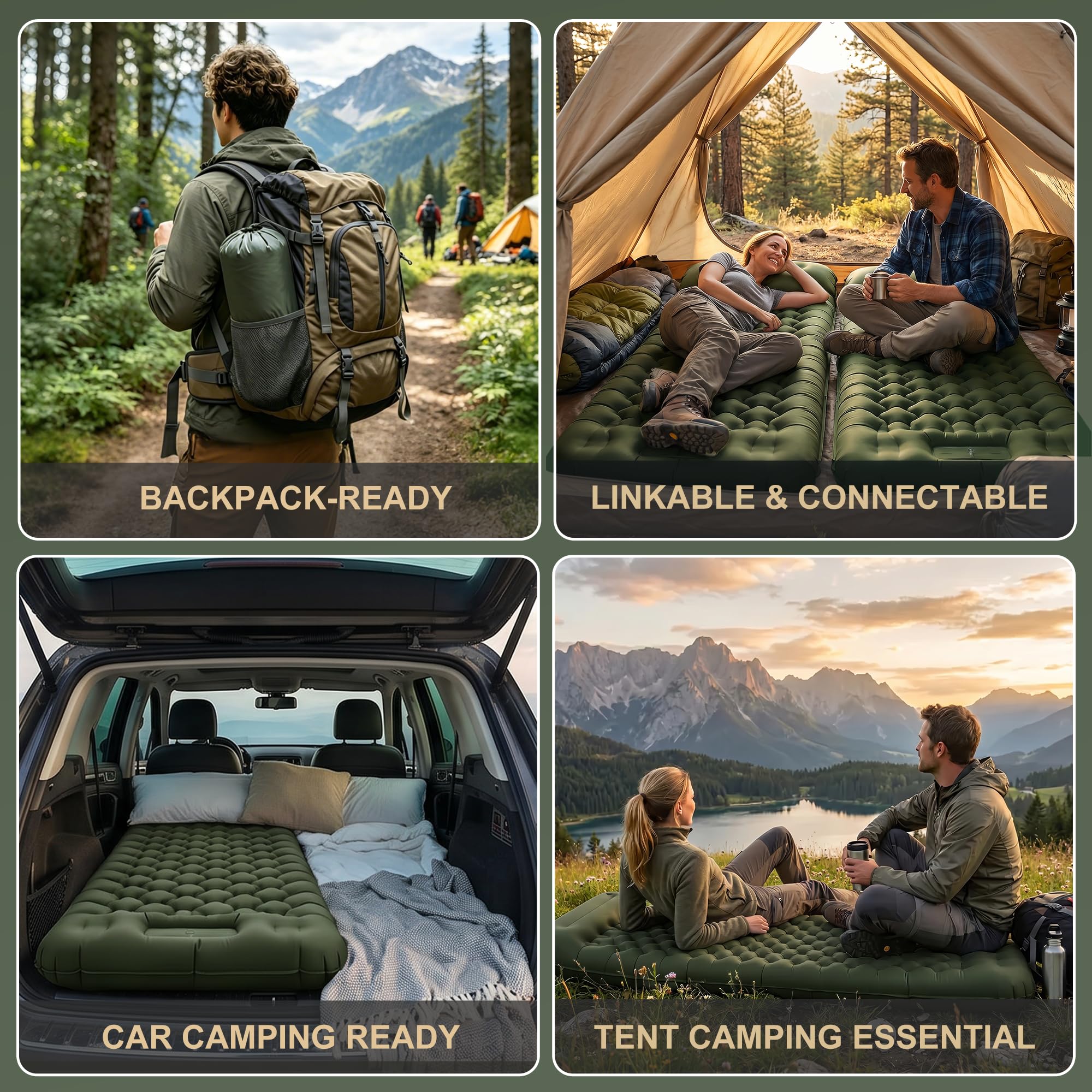 Colchón Hinchable Extra Grueso y Extra Ancho, Colchón de Camping con Bomba de Pie, Ligero y Duradero para Outdoor Camping (Verde Militar)