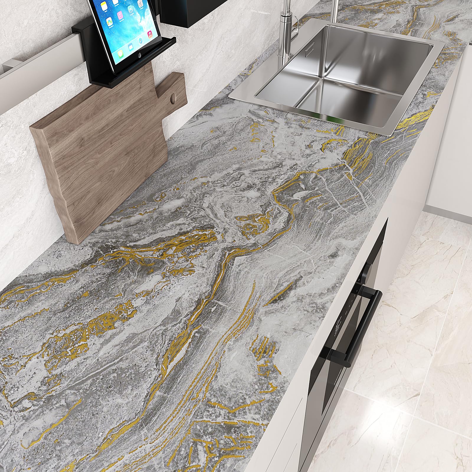 VEELIKE Papel de contacto de mármol líquido gris dorado mate de 32 x 354 pulgadas de ancho, impermeable, para encimera de cocina, despegar y pegar, papel tapiz de mármol para despegar y pegar, vinilo