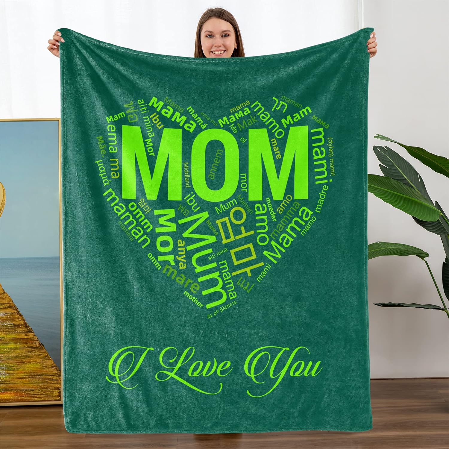 TURMTF Mothers Day Birthday Gifts for Mom, I Love You Mom Blanket 100 Languages Mom, Best Gifts for Mom from Daughter Son, Mom Throw Blanket for Couch Bed, Mom Green Blanket, 50''x60''