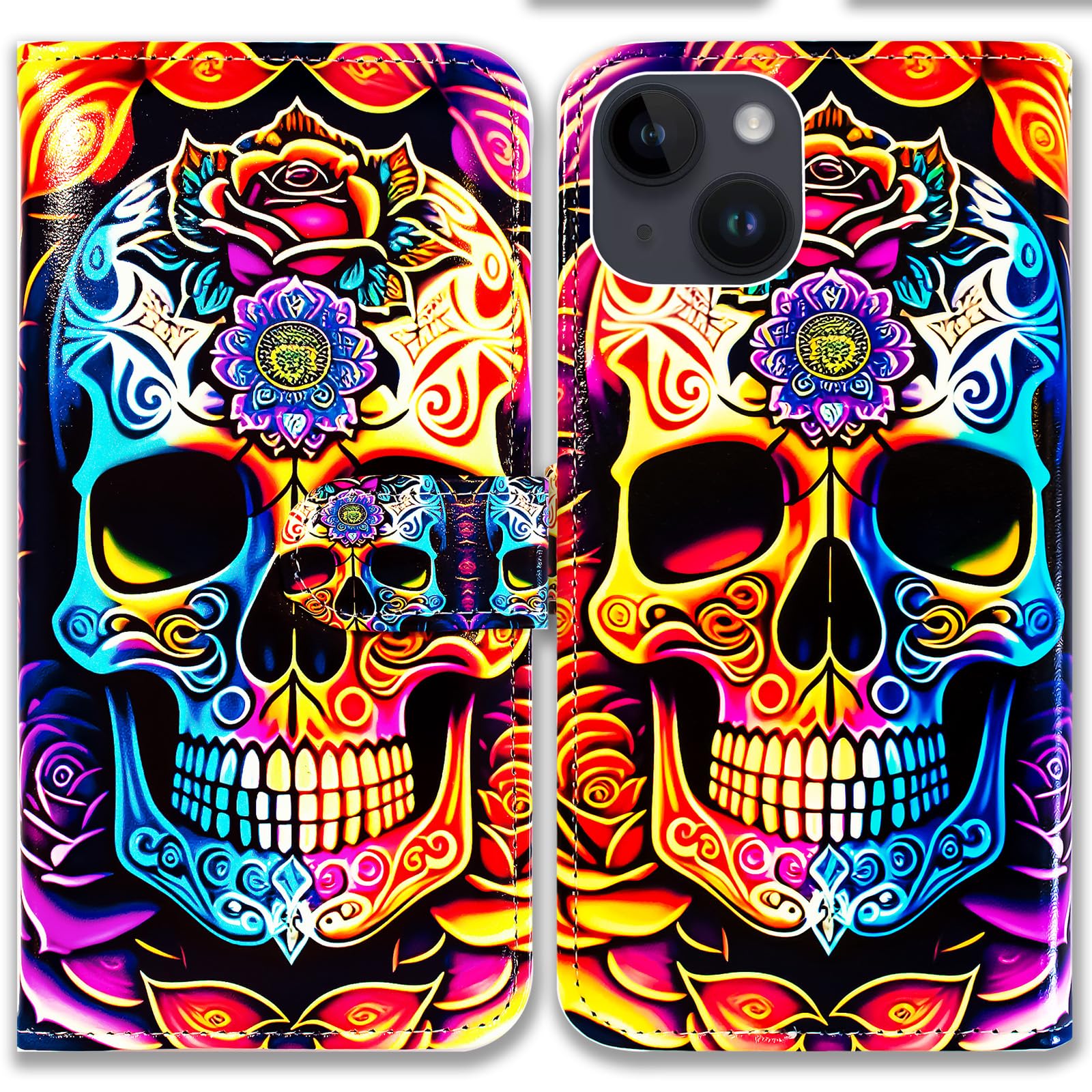 Bcov Case for iPhone 15,Colorful Mandala Skull Flowers Leather Flip Phone Case Wallet Cover with Card Slot Holder Kickstand for iPhone 15