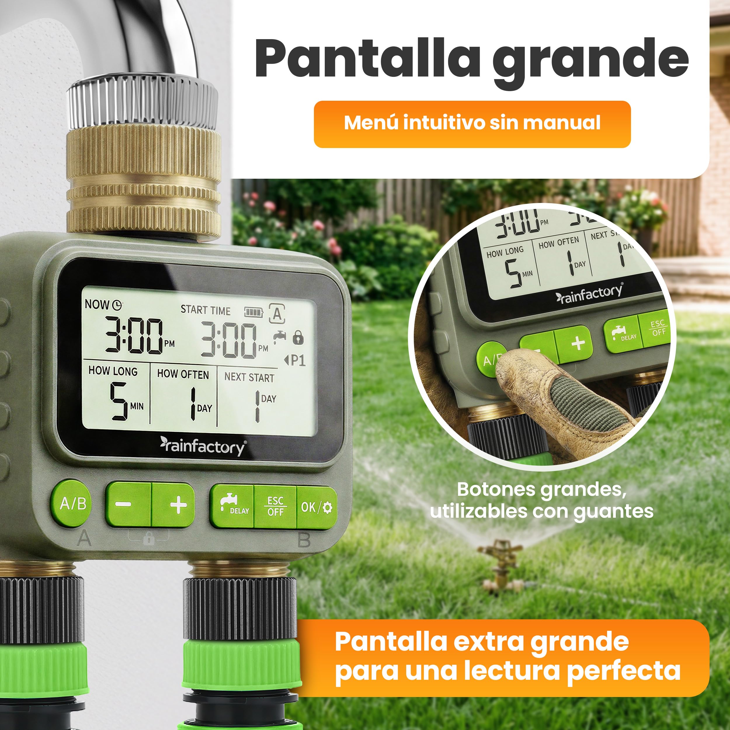 rainfactory - Programador de riego automático 2 Salidas, Temporizador riego a Pilas IP65 con Pantalla LCD, 4 programas, Manual, función delay, conexión ¾ para jardín, balcón, macetas y riego Goteo