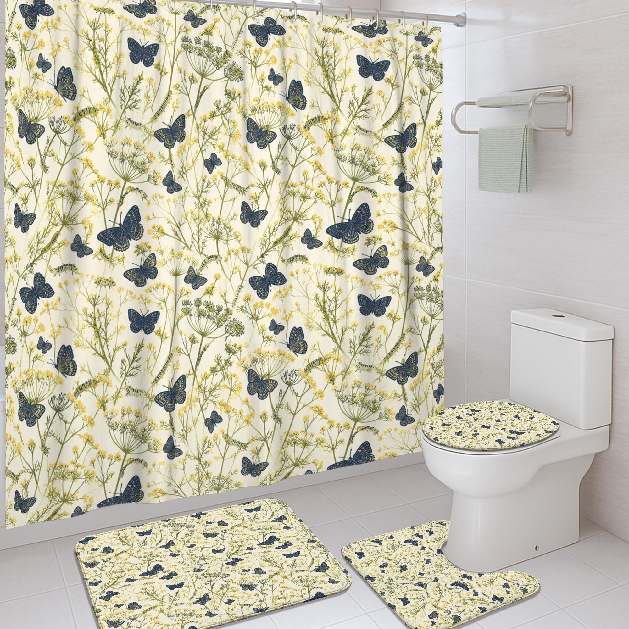 Rideau de douche imperméable anti-adhérence en polyester à motif de fleurs