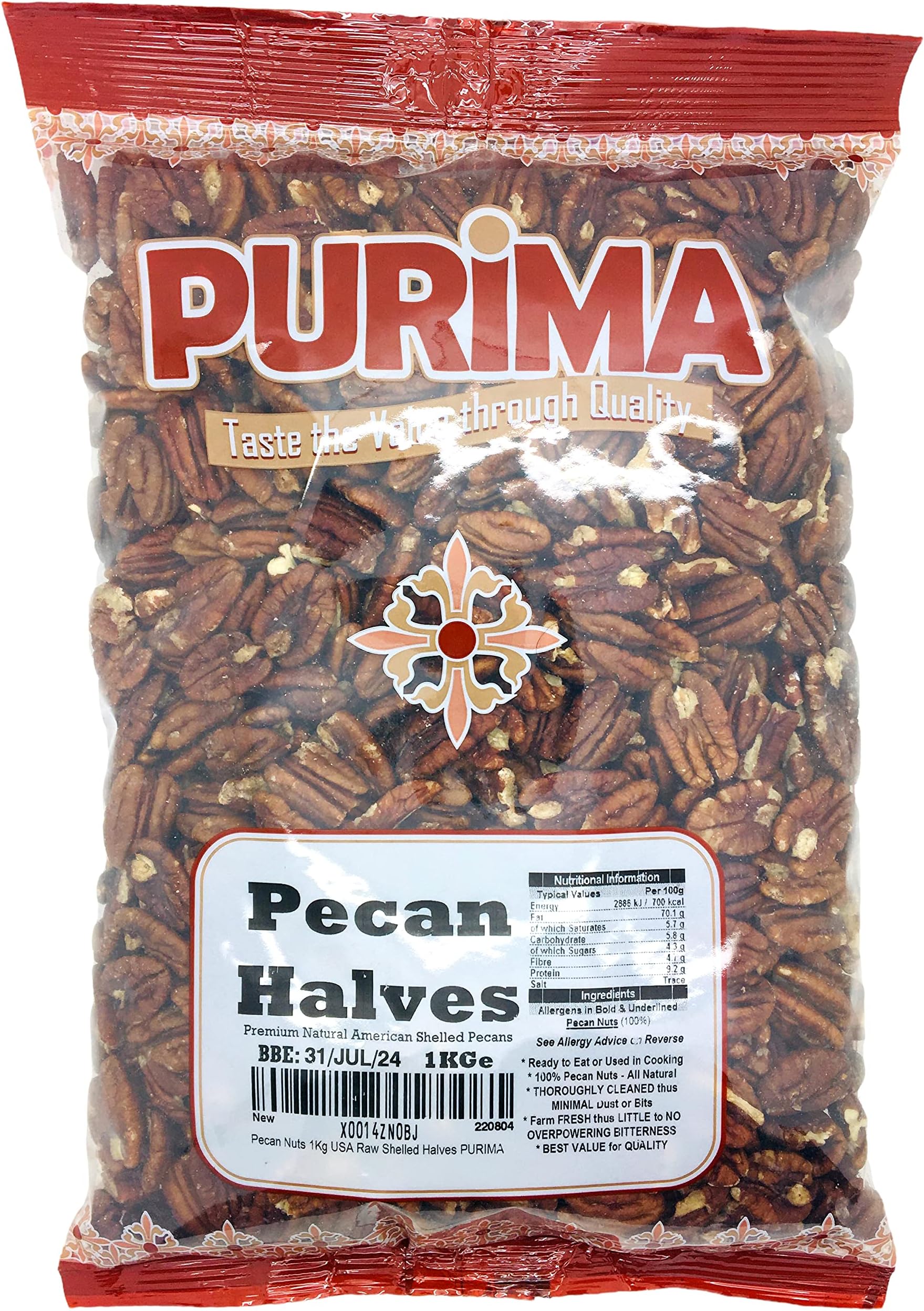 Pecans 1Kg - Fresh Extra Light Halves Natural Whole Large Pecans Premium Californian Raw Pecan Nut Halfs USA PURIMA