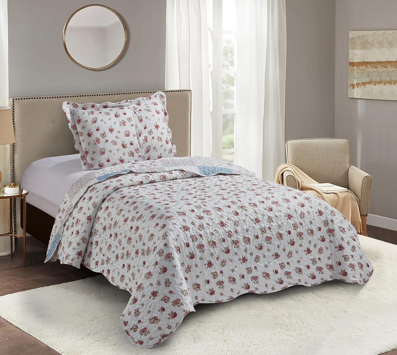 Brilliant Sunshine Pink Rose with Small Blue Check Patchwork, 2-Piece Quilt Set with 1 Sham, Reversible Bedspread, Soft Lightweight Coverlet, All-Season, Twin, Pink Blue - Image 2