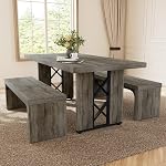 HIPIHOM 3-Piece Dining Table Set for 6-8 People, 70.8'' Rectangle Kitchen Table with 2 Benches for Breakfast Nook, Dining Room Furniture(Grey Table+Bench)