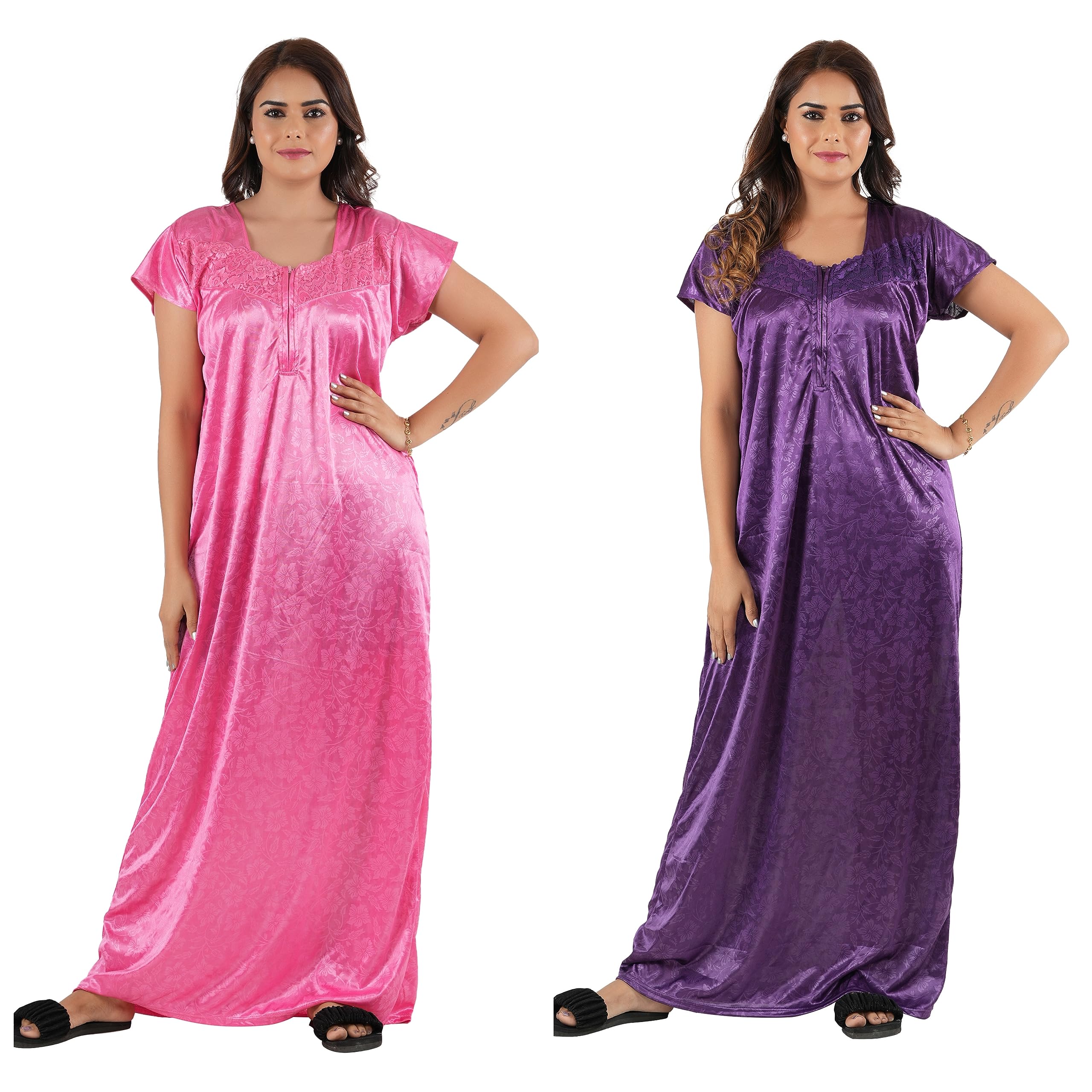 BHAVI Women's Self Print Nighty| Half Sleeves | Night Wear | Maxi for Women | Size-L, Sweetheart Neck (Article-EMBC-069) Pink and Purple (Pack of 2)-image-8