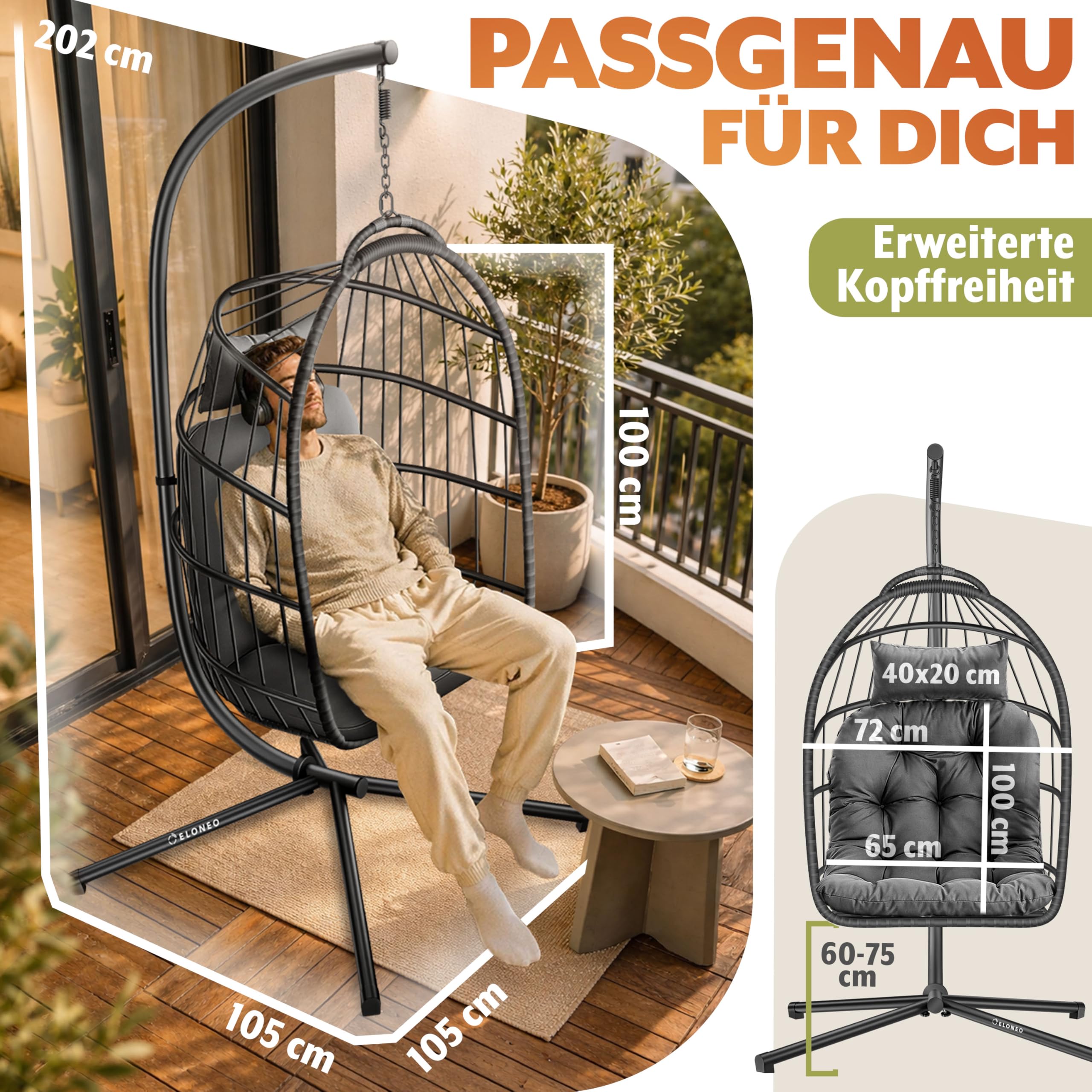 ELONEO Hängesessel mit Gestell und Premium Polster, Hängesessel Outdoor und Indoor inkl. Abdeckplane, Hängeschaukel Outdoor belastbar bis 160kg, Hanging Chair, anthrazit