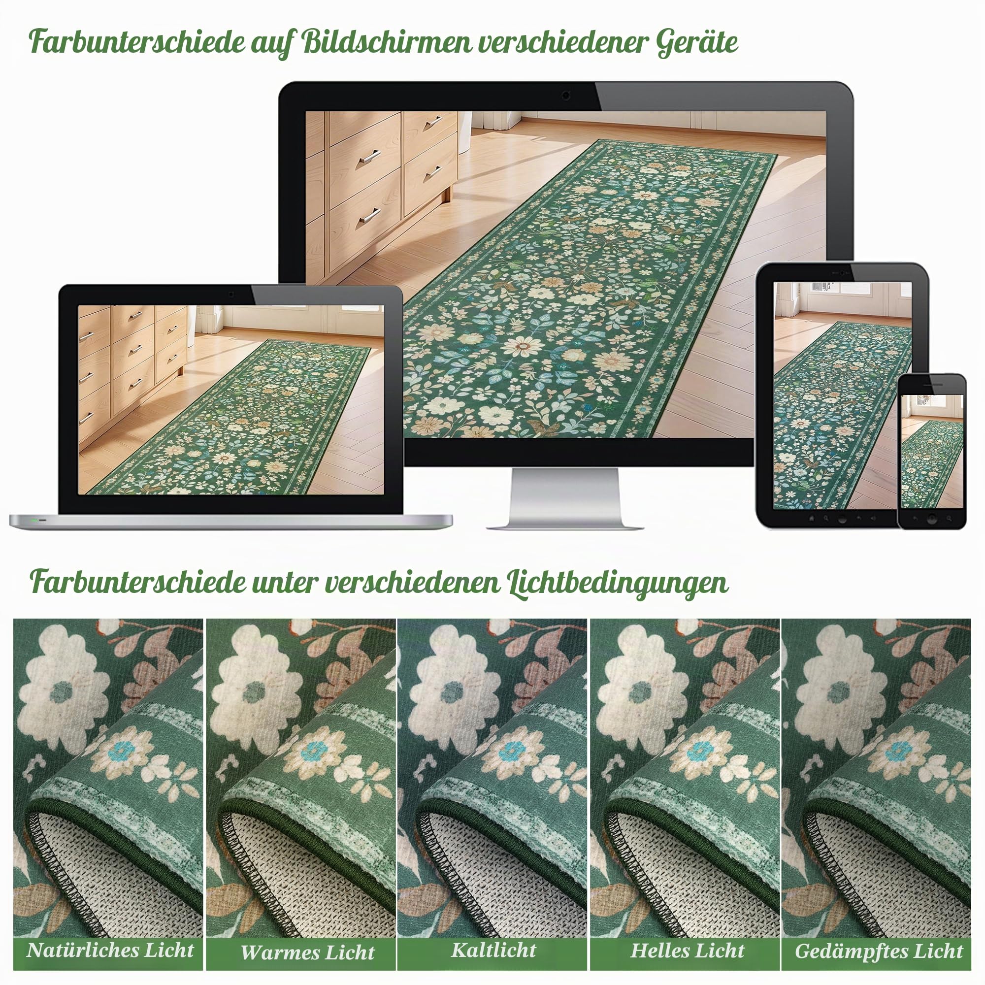 Homcomodar Blumen Teppich Läufer Flur rutschfest 80x300cm Läufer Küche Vintage Boho Teppiche Waschbar Küchenläufer Küchenteppich Grün Teppichläufer für Flur Küchen Eingang Wohnzimmer Schlafzimmer