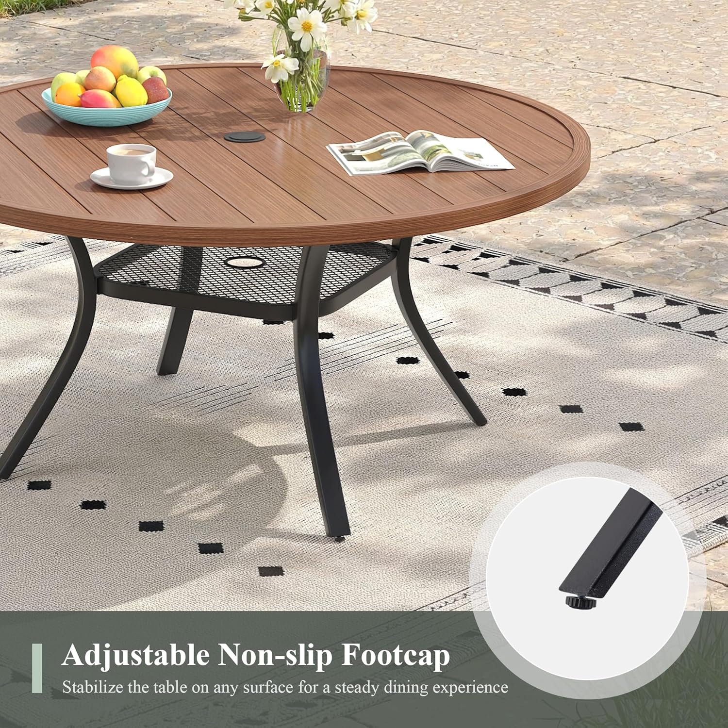 47.2" Patio Dining Table for 6, Round Outdoor Metal Dining Table with Umbrella Hole for Lawn Garden Backyard, Walnut