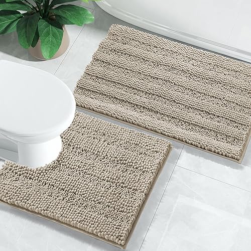 Yimobra - Juego de alfombras de baño de 2 piezas, tapete de baño de chenilla suave y absorbente y alfombra de inodoro en forma de U, antideslizante,