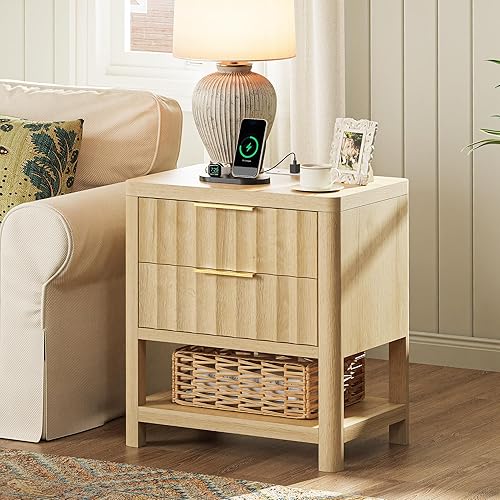 Miniatura 7 de Huuger - Mesita de noche de 27.6 pulgadas con estación de carga, puerto USB-C, mesita de noche acanalada con 2 cajones profundos, mesa auxiliar más