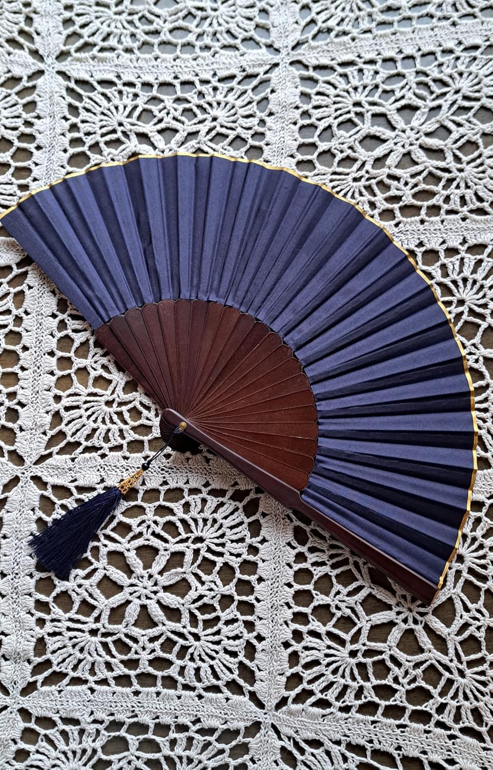Deep Blue Sea 9-Inch Folding Hand Fan with Tassel in Blue