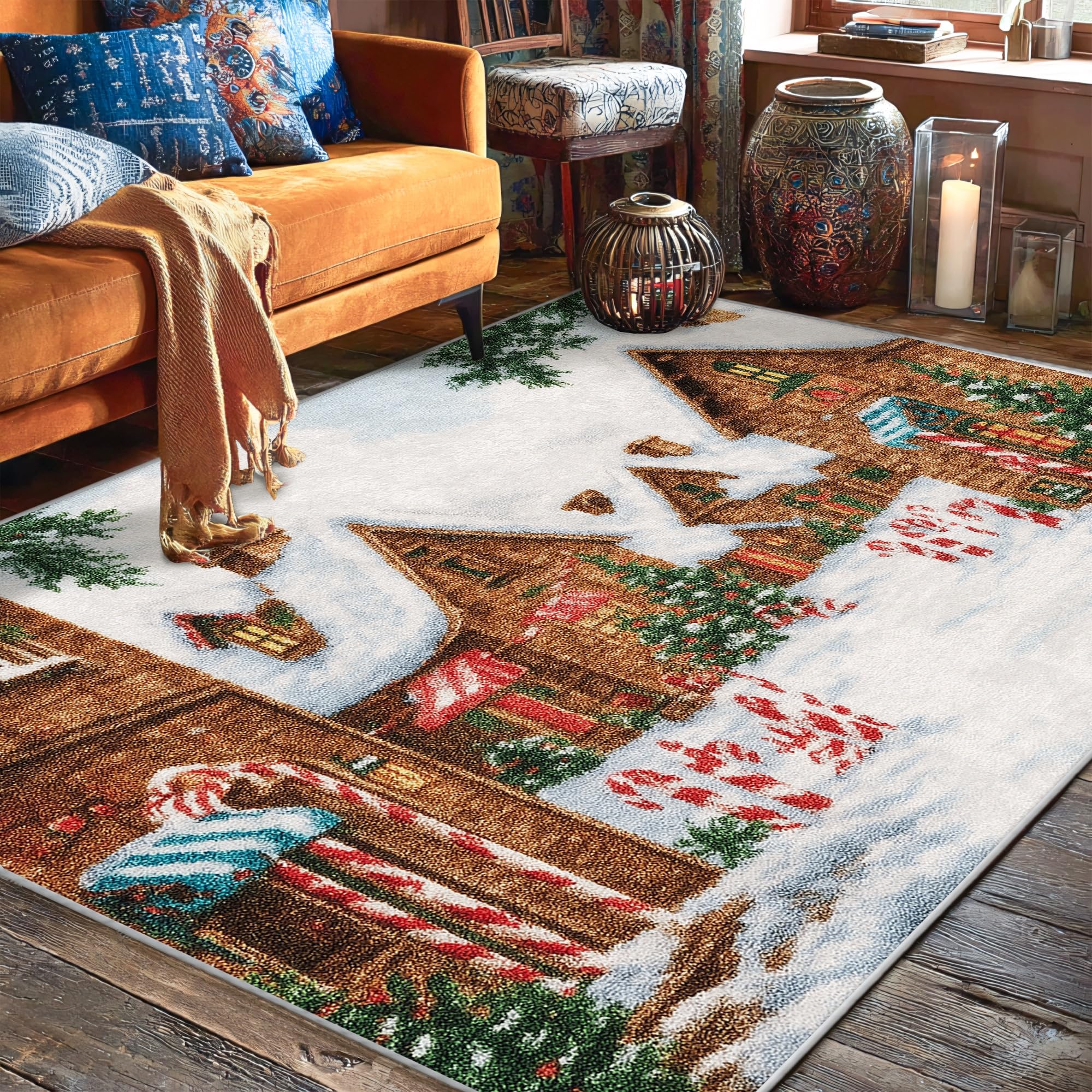 Tapis à poils courts Cottage vert lavable pour couloir et chambre