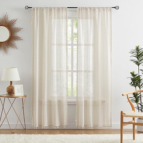 Miniatura 2 de Cortinas traslúcidas de encaje bohemio de 63 pulgadas de largo, juego de 2 paneles de cortinas con patrón geométrico rústico negro con borlas para