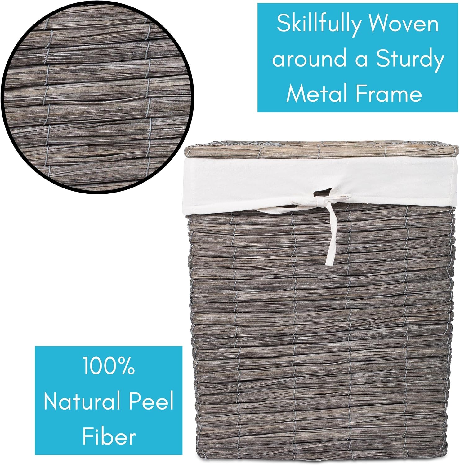 BirdRock Home Rustic Woven Wood Peel Laundry Hamper with Lid | Thin Weave Laundry Basket | Removable Liner | Dirty Clothes Storage Bin | Grey image 4