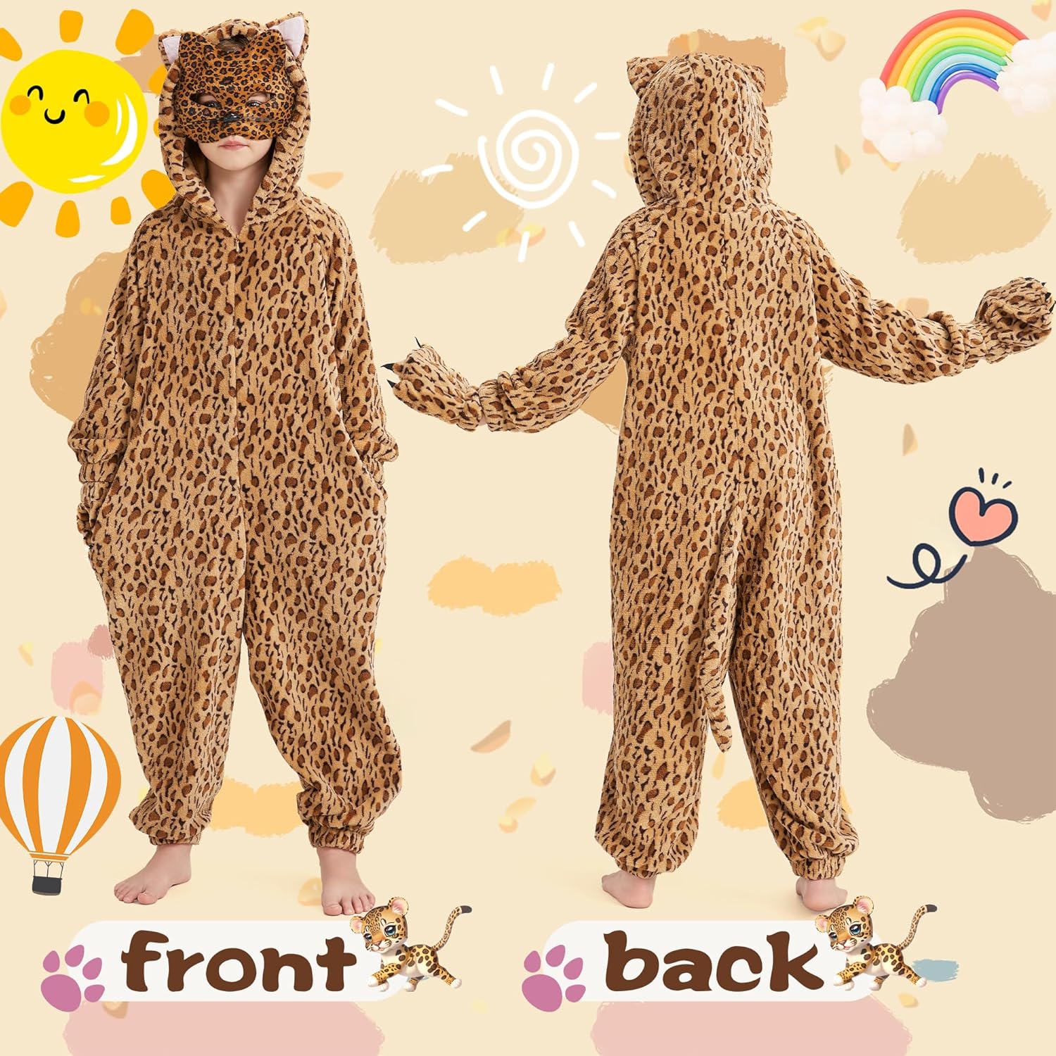 Ezuwail Cheetah Costume Kids Snow Leopard Costume Gloves Mask Cheetah Onesie Bodysuit Halloween Cosplay for Girls Boys - Image 2