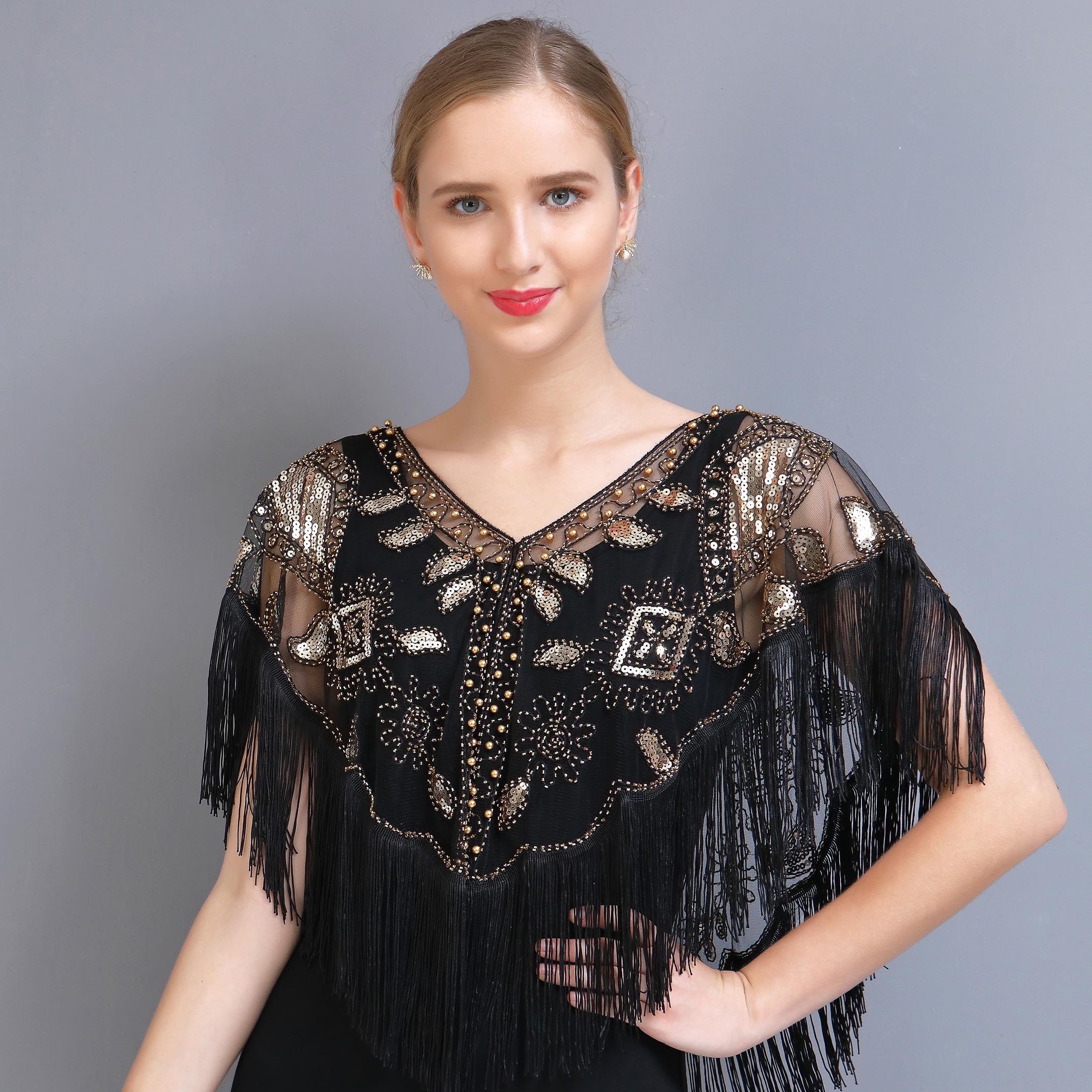 1920s Stola Damen Pailletten Umschlagtücher für Abendkleid Retro Stola Frauen Gatsby Party Schal Kostüm Accessoires Flapper Abdeckung