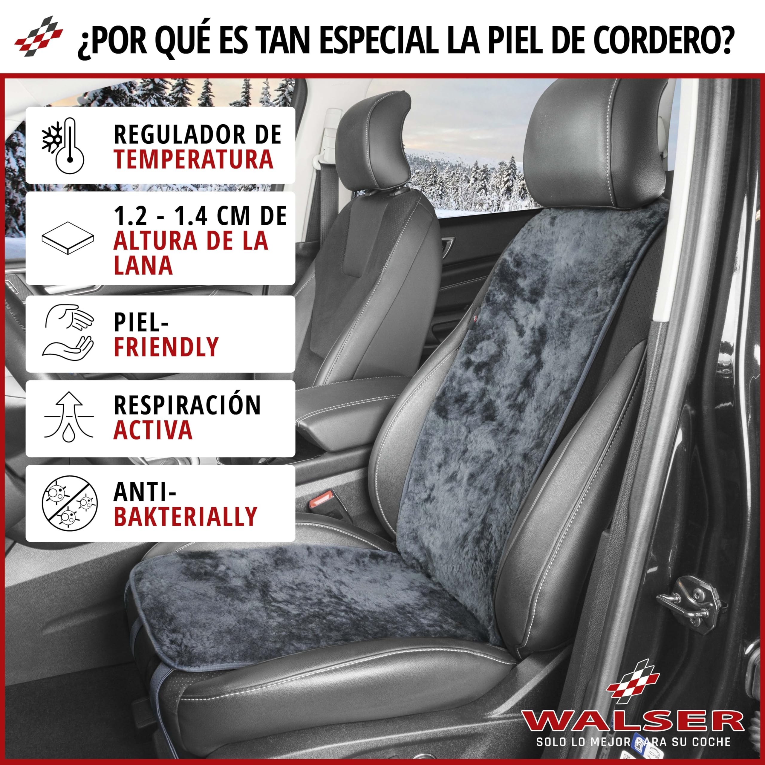 Walser Funda de Asiento de Piel de Cordero Cosmo, Funda de Asiento de Coche 100% Piel de Cordero, Funda de Asiento de Piel de Cordero, Protector de Asiento de Piel de Cordero Antracita
