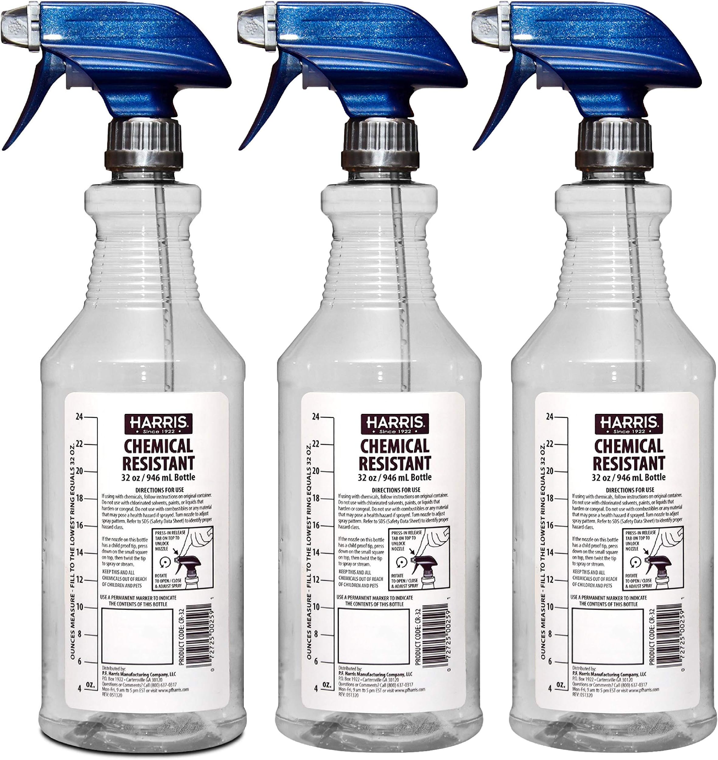 HARRIS Chemically Resistant Professional Empty Spray Bottles, 32oz (3-Pack), for Cleaning Solutions and Water