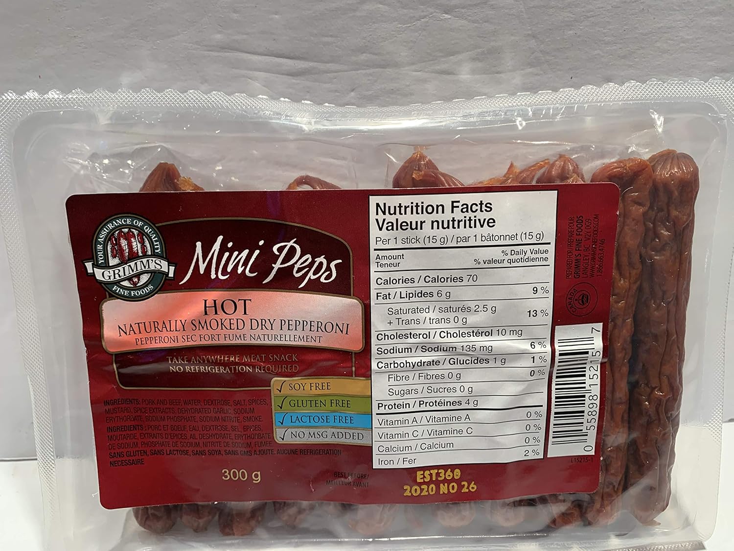 GRIMM'S Mini PEPS HOT Naturally Smoked Dry Pepperoni MSG, Gluten