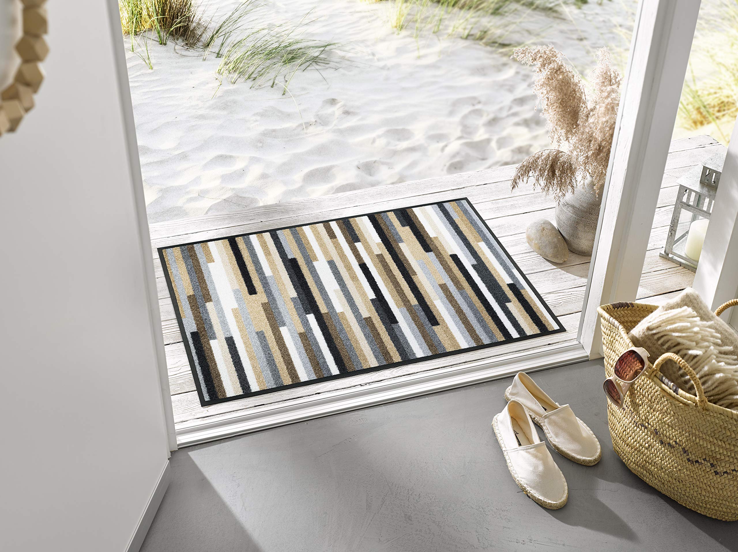 Wash+Dry Alfombra Mikado Stripes Nature 60x85cm, Adecuada para Interiores y Exteriores, Lavable