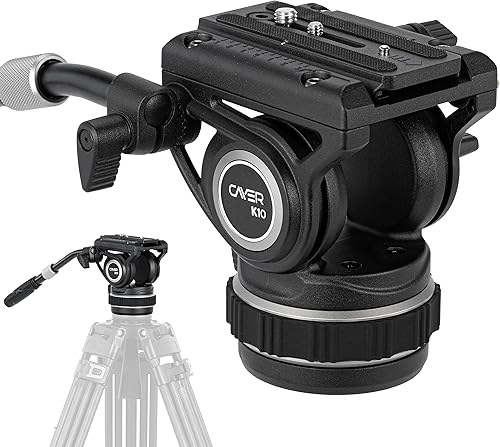 Cayer Cabezal fluido de video K10 Pro con base plana de 2.953 in, arrastre panorámico ajustable y mango telescópico, cabezal fluido de trípode