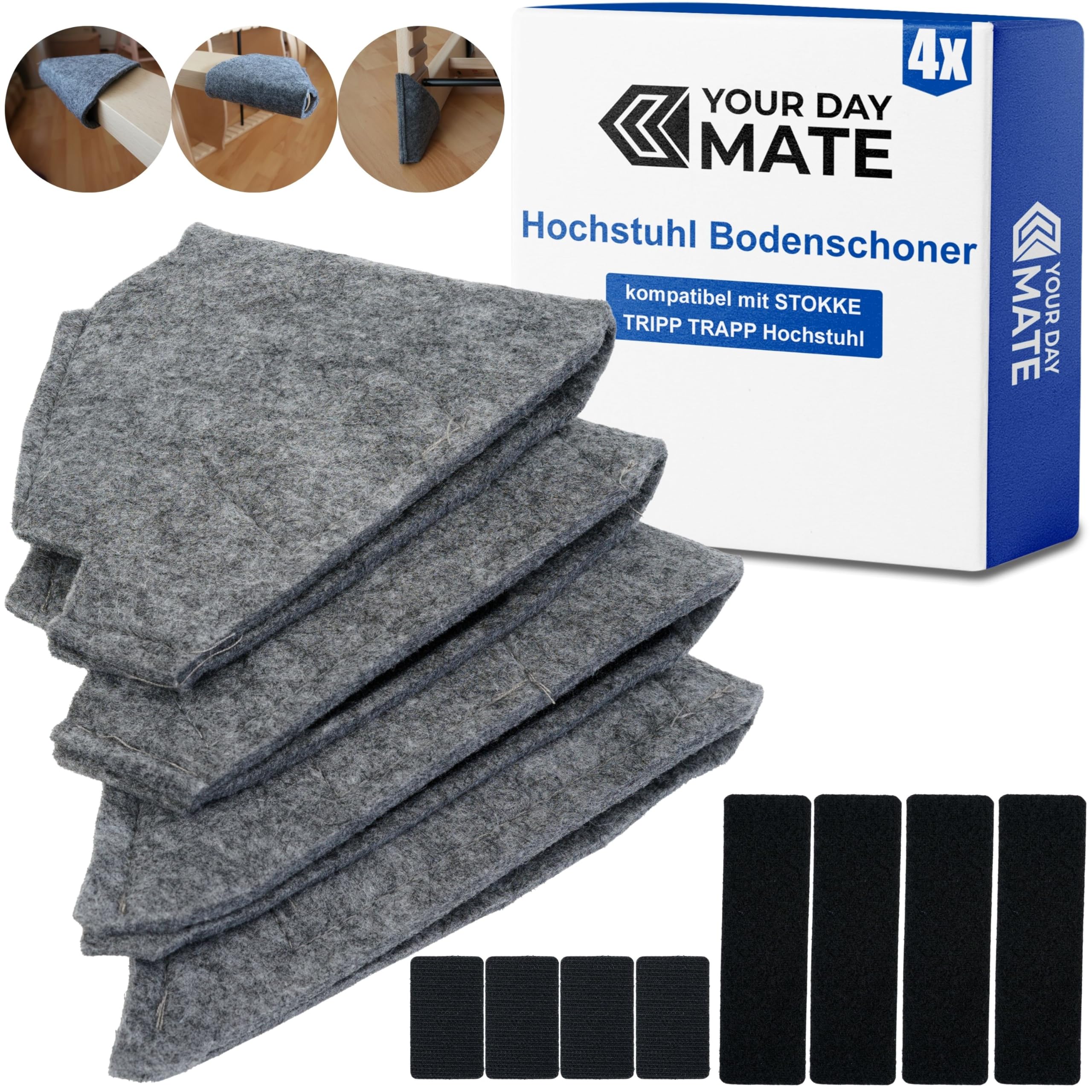 Stuhlbeinsocken, 4 Stück, kompatibel mit Stokke Tripp Trapp Hochstuhl, Bodenschoner in Grau, Stuhlbeinschoner aus Filz, Stuhlsocken mit Haken-Flausch-Band zur Befestigung, Kinderstuhl Bodenschutz