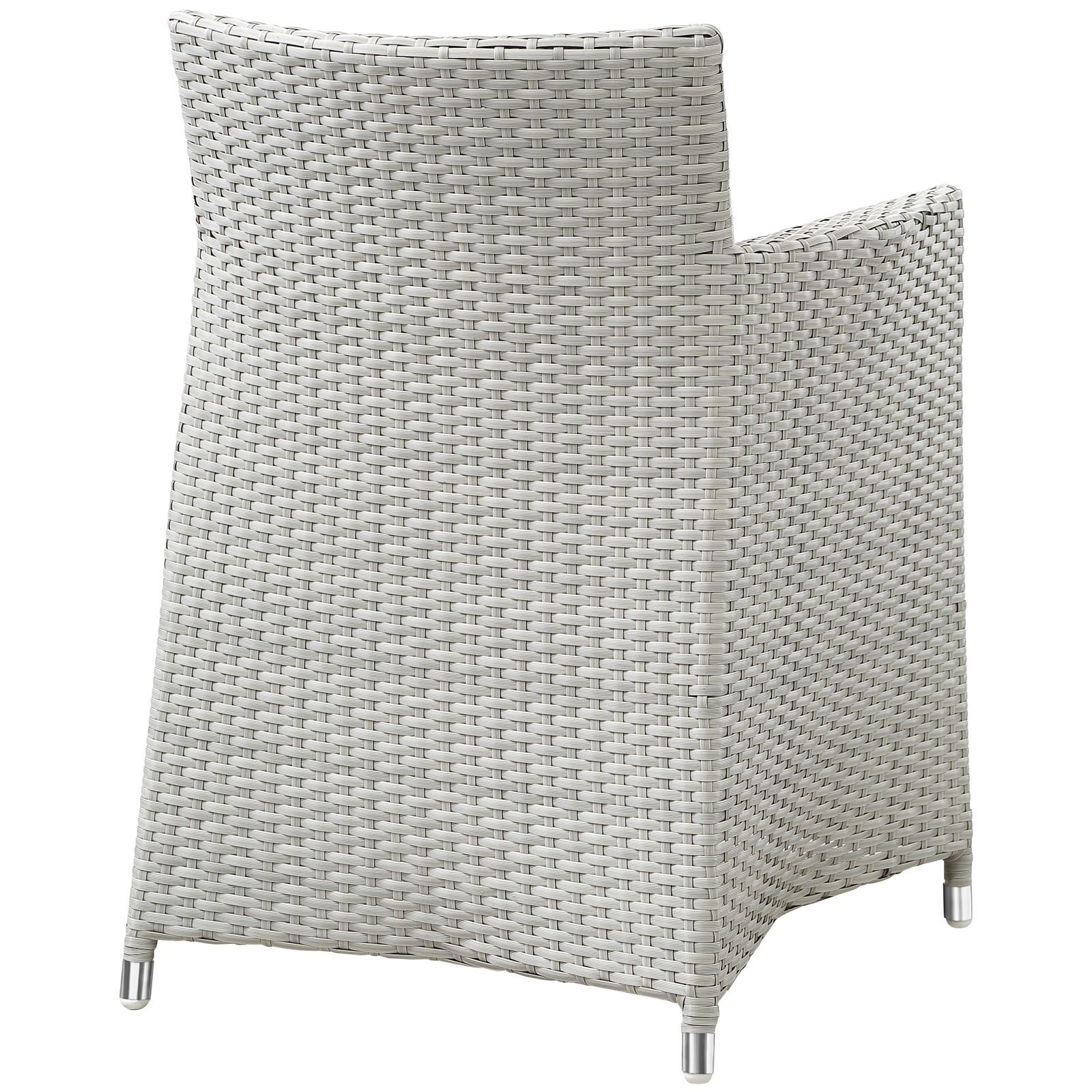 Junction - Juego de comedor de mimbre de ratán de 7 piezas para exteriores con mesa de comedor de 80 pulgadas y seis sillones de comedor con cojines en gris y blanco 4