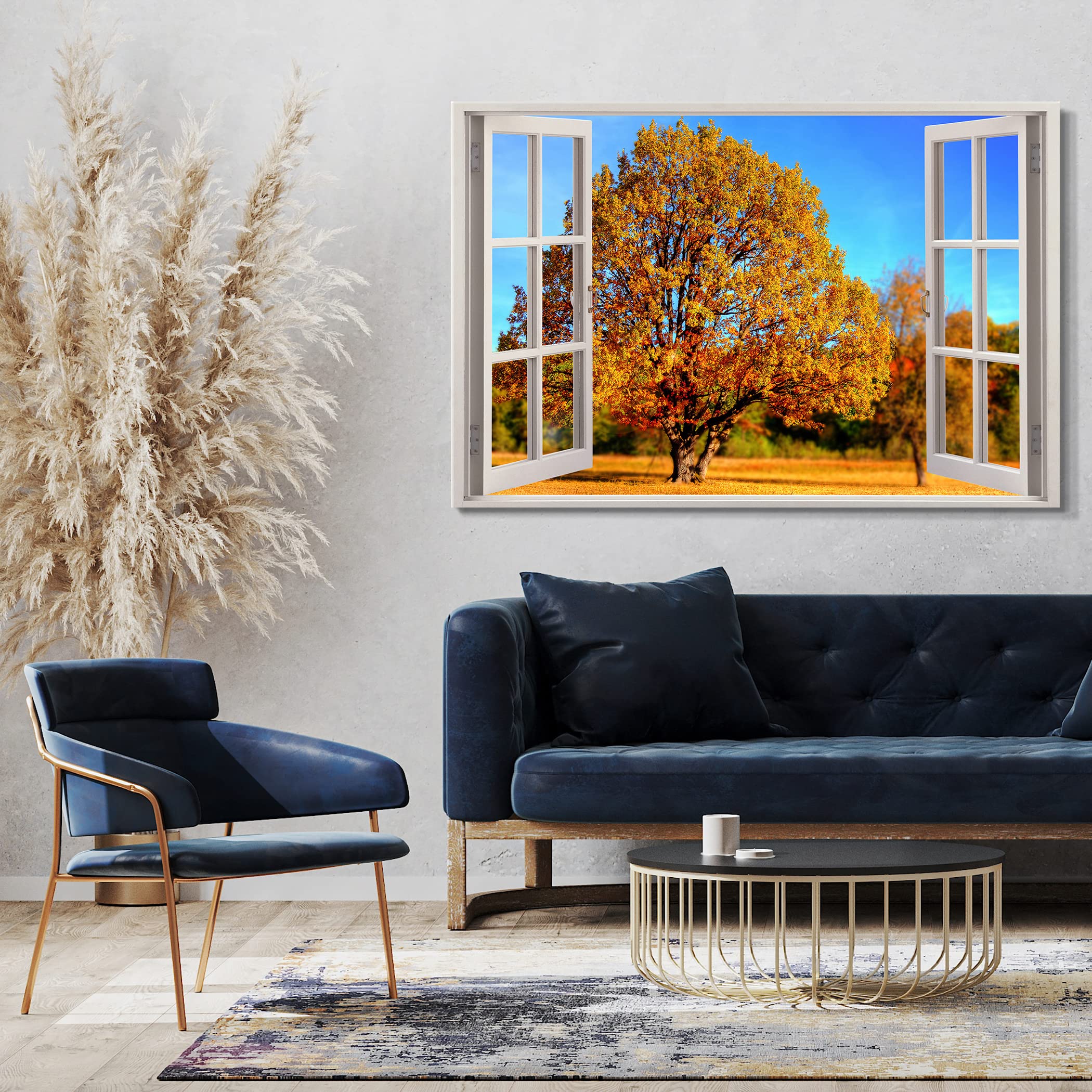 Bilder Fensterblick 120x80cm Baumwoll-Leinwand auf Keilrahmen mit Aufhänger moderner Kunstdruck XXL Wandbilder Wand-Dekoration Baum Herbst Feld Natur Sonne - Natur-Fotografie