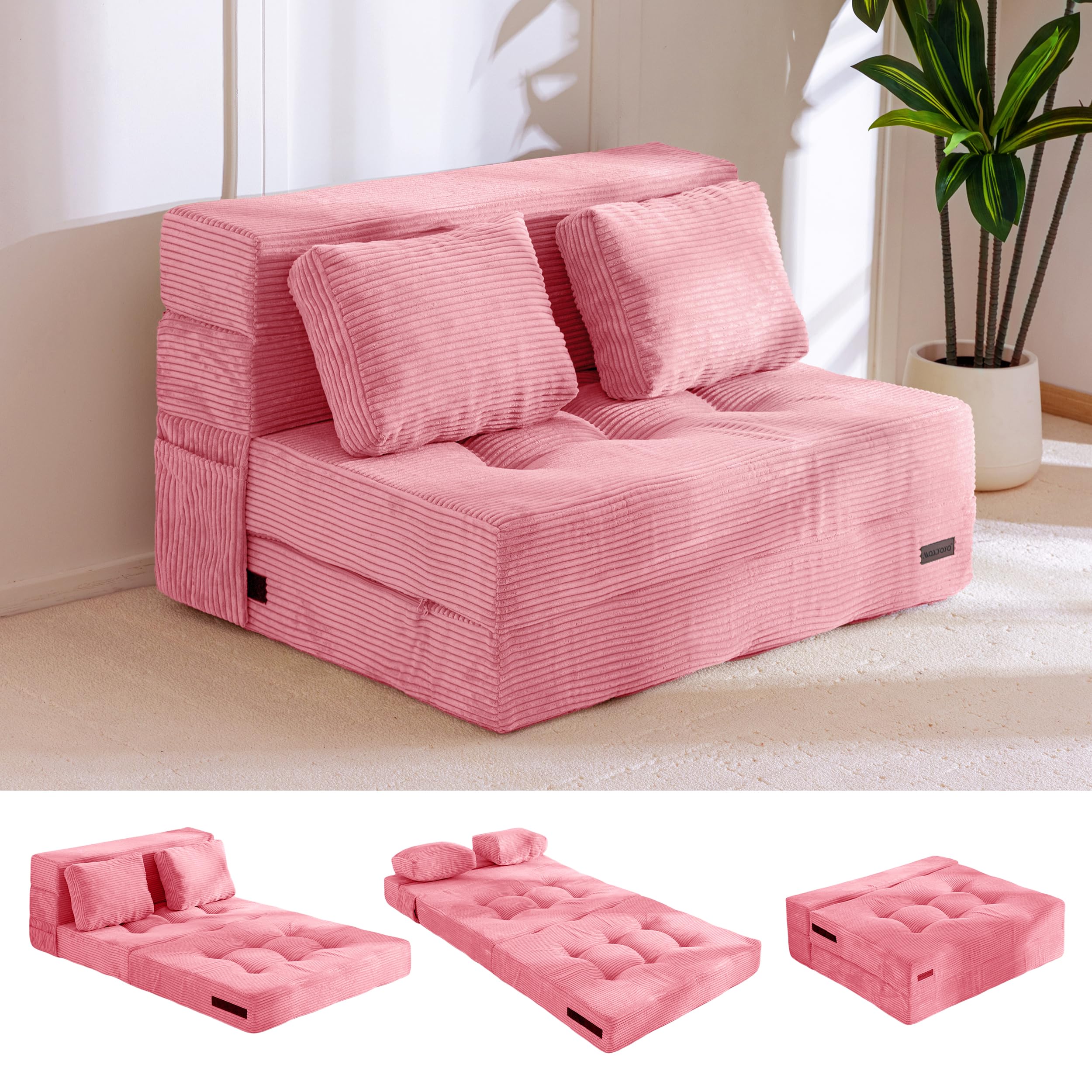 MAXYOYO Convertible Sofa Bed, Fold Out Loveseat Sleeper Sofa with Pillow, 4 in 1 Tufted Folding Couch Bed Foam Floor Couch, Lazy Chair for Living Room Bedroom Guest Room, PinkGlobal Recycled StandardGlobal Recycled StandardGlobal Recycled Standard