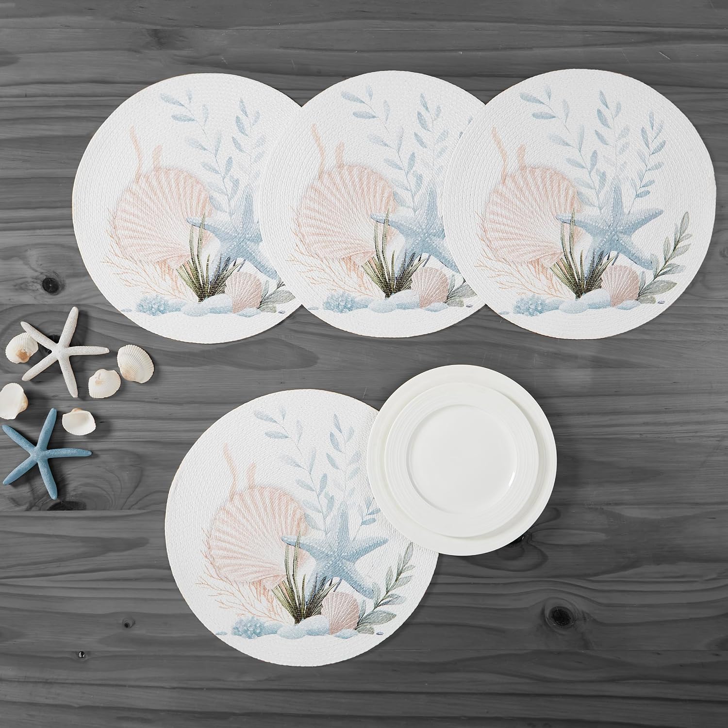 Avanti Linens – Placemat Set, Woven Braided 100% Polyester Round Placemats, Coastal Starfish & Shell Print, Kitchen & Table Linens, 15" x 15", Set of 4 (Starfish)