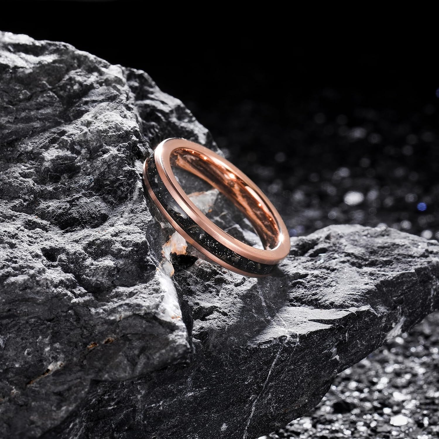 THREE KEYS JEWELRY 4mm 6mm 8mm Tungsten Carbide Wedding Band for Men Women, Rose Gold Foil & Meteorite & Crushed Opal Inlay, Flat Cut & Domed Comfort Fit Anniversary Ring, Size 4-15