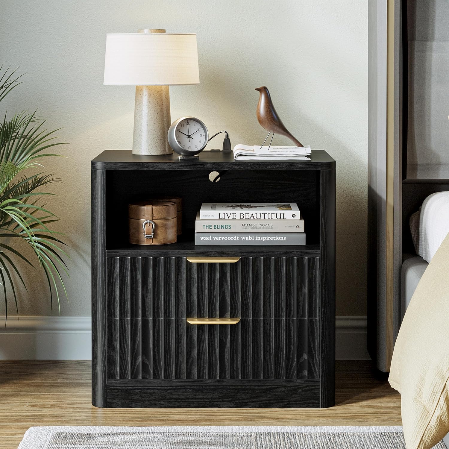 IRONCK Fluted Night Stand, Modern Nightstand with Charging Station, Drawers and Open Shelves - Bedside Table Wood Side Table for Bedroom, Black