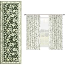 BILEEHOME Olive Green Floral Linen Curtains Pinch Pleated 45 Inches Long & Olive Green Floral Print Runner Rugs 2x6